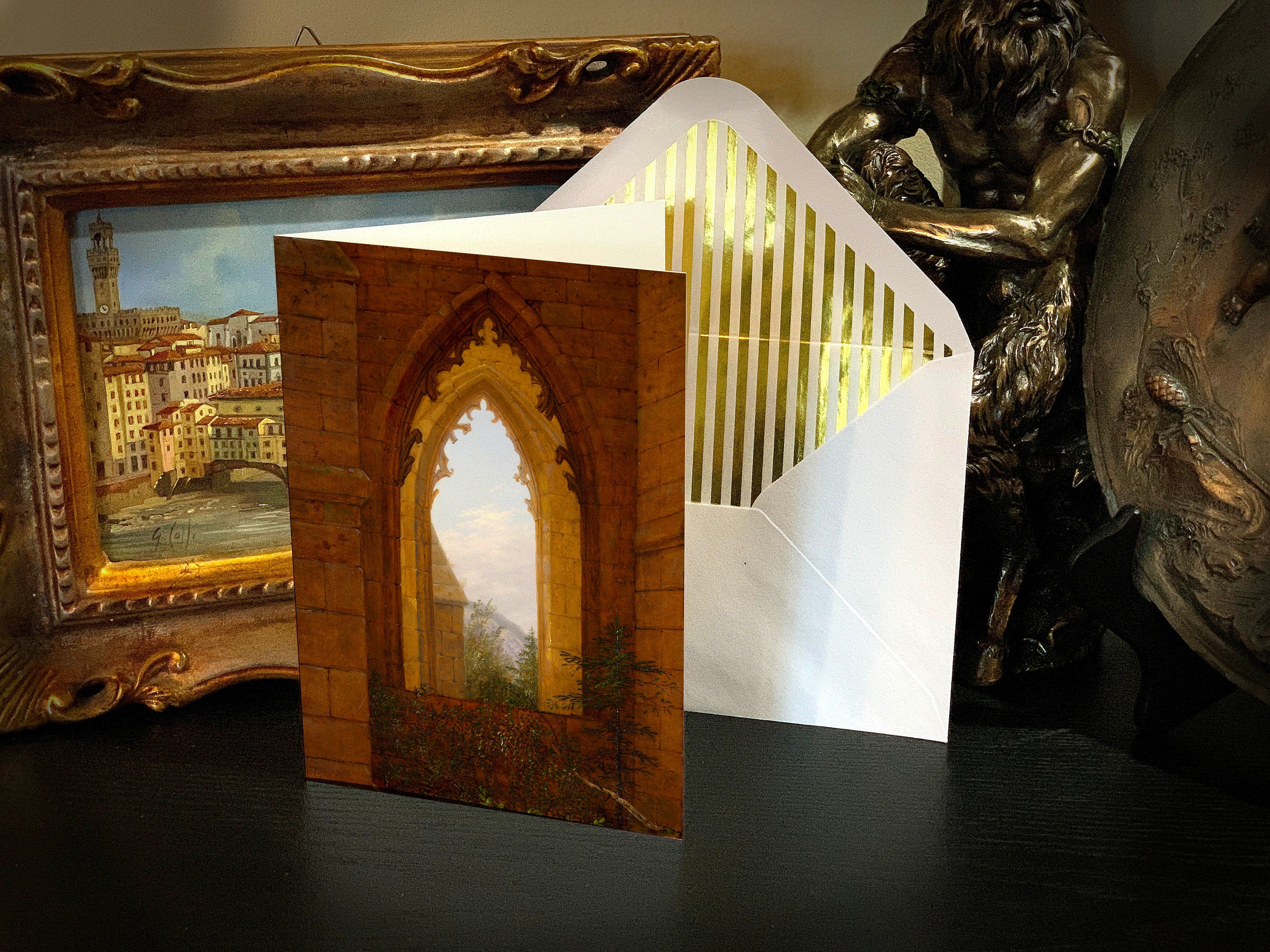 Gothic Ruins, Dark Academia Greeting Cards with Elegant Striped Gold Foil Envelopes, 5in x 7in, 5 Cards/5 Envelopes