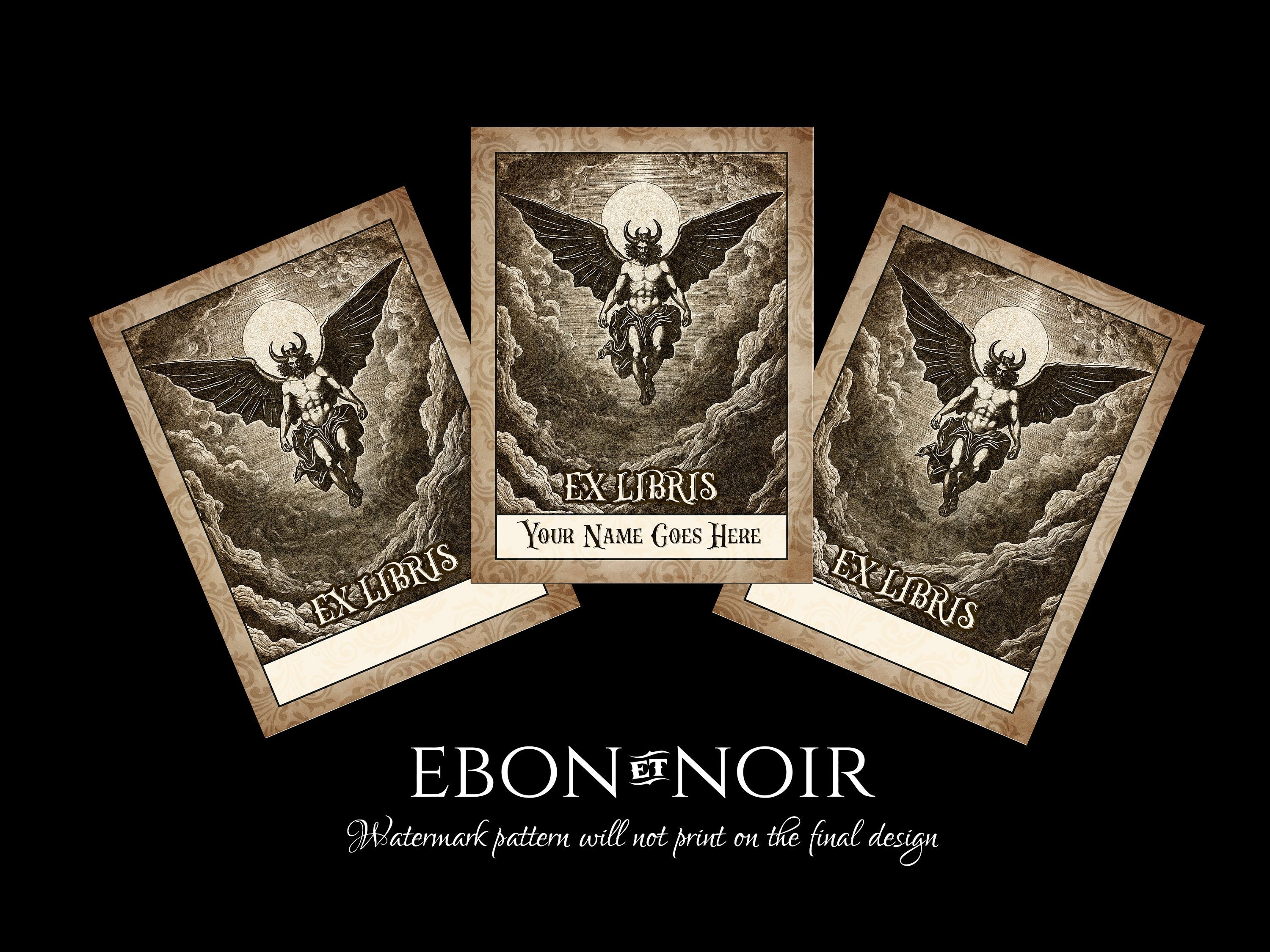 The Fallen Angel, Personalized Dark Academia Ex-Libris Bookplates, Crafted on Traditional Gummed Paper, 3in x 4in, Set of 30