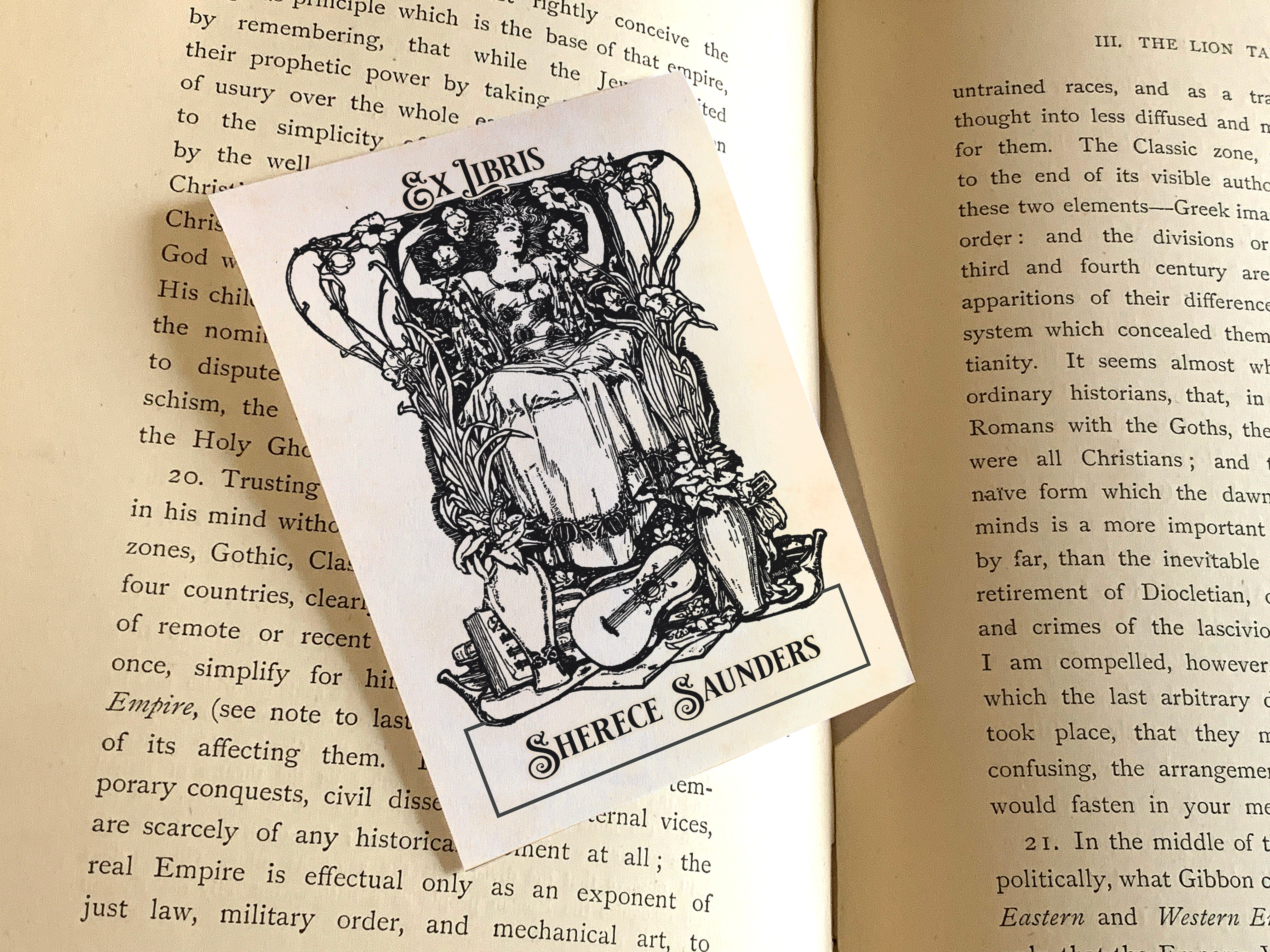 Muse's Melody, Personalized Art Nouveau Ex-Libris Bookplates, Crafted on Traditional Gummed Paper, 3in x 4in, Set of 30