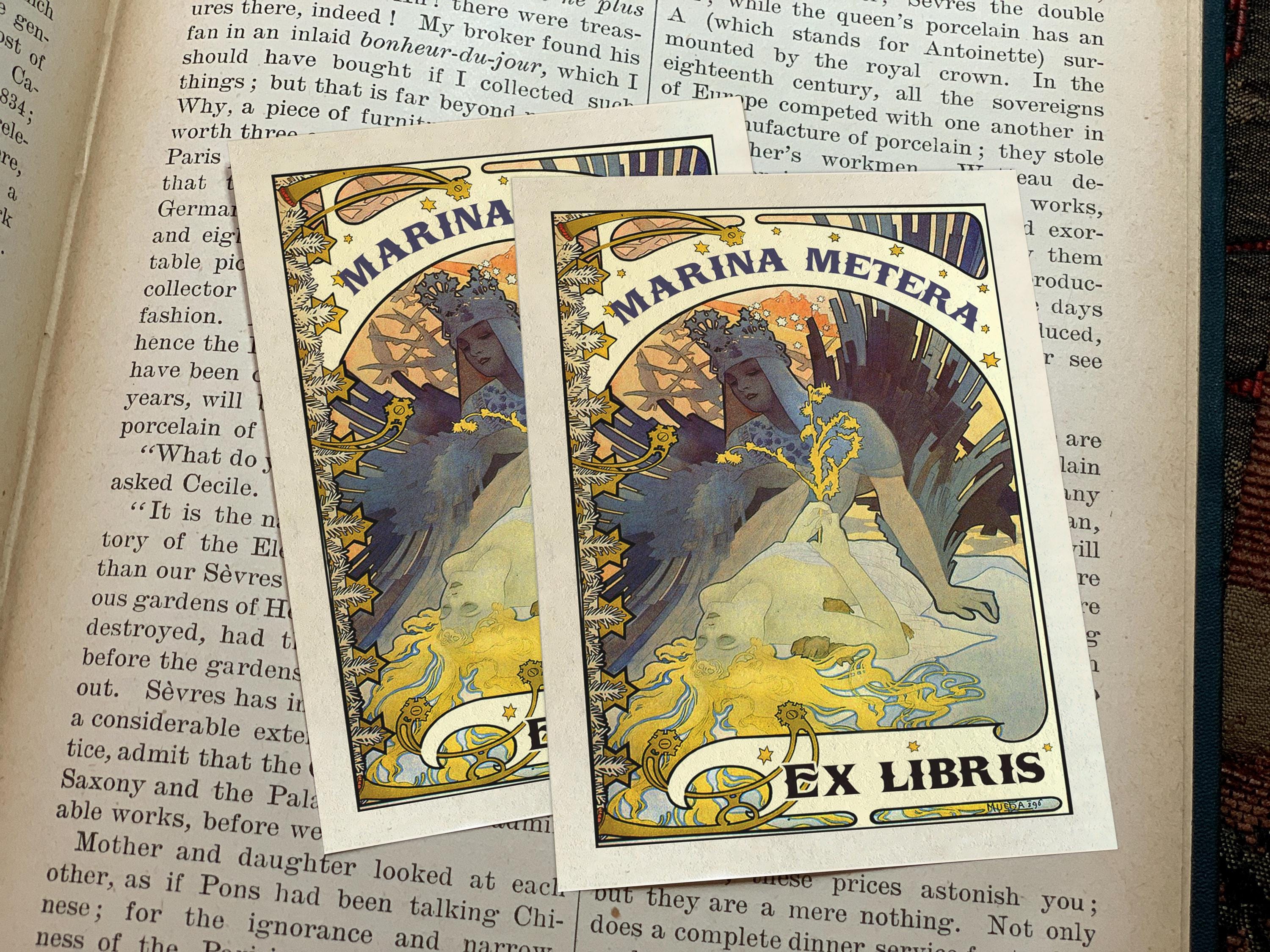 Sun and Moon by Alphonse Mucha, Personalized Art Nouveau Ex-Libris Bookplates, Crafted on Traditional Gummed Paper, 3in x 4in, Set of 30