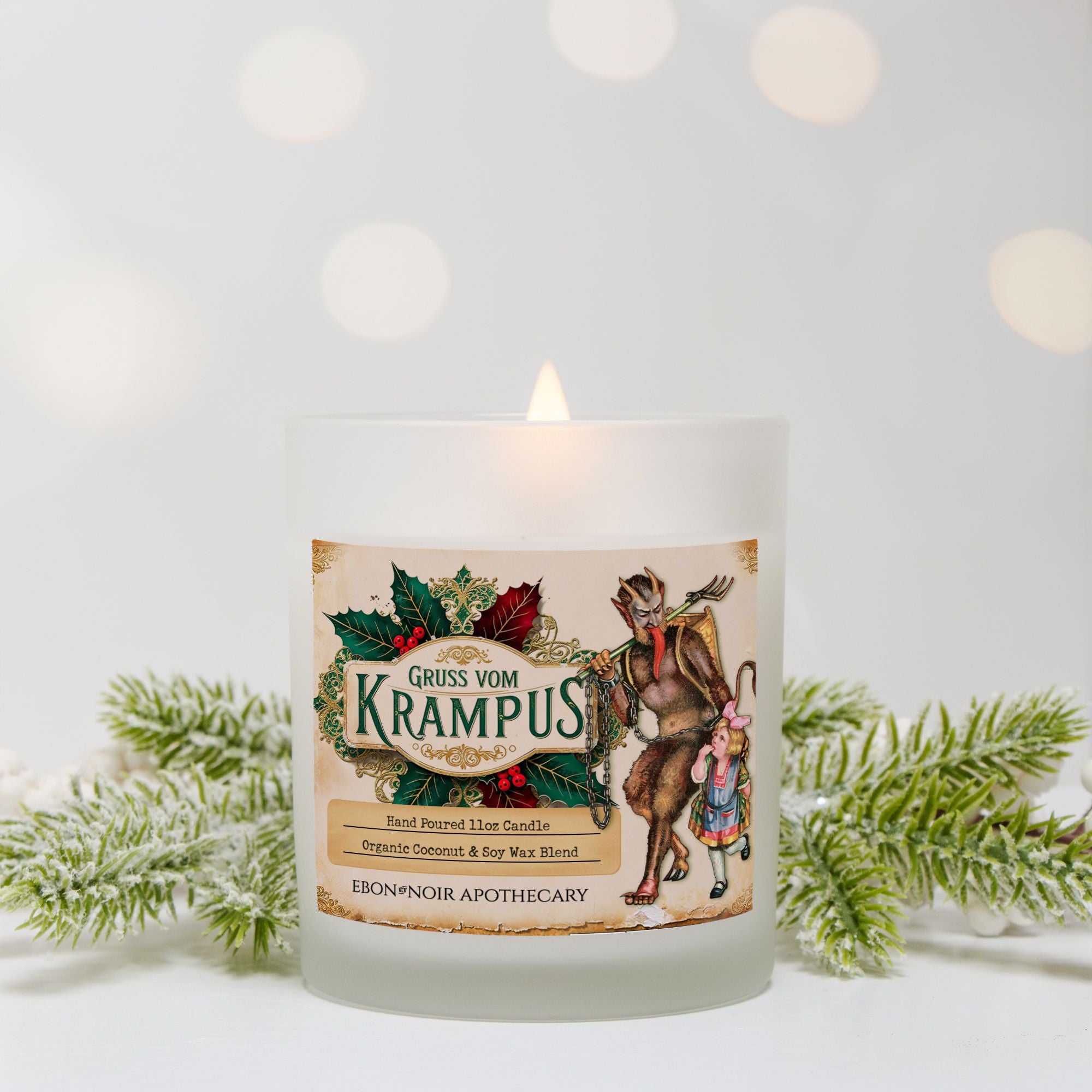 Gruss Vom Krampus Christmas Candle, Frosted Glass Jar, Hand Poured Vegan Wax, Wooden Wick, 50+ Hours of Burn Time