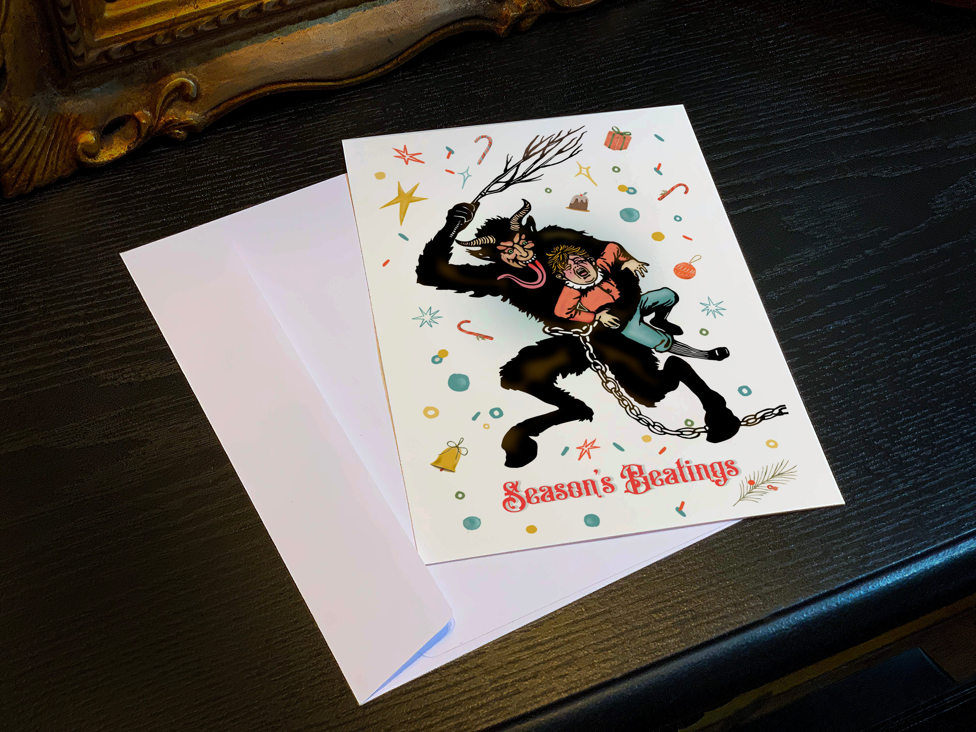 Merry Mischief, Season's Beatings, Set of Flat Double-sided Christmas Cards With White Envelopes, 5in x 7in