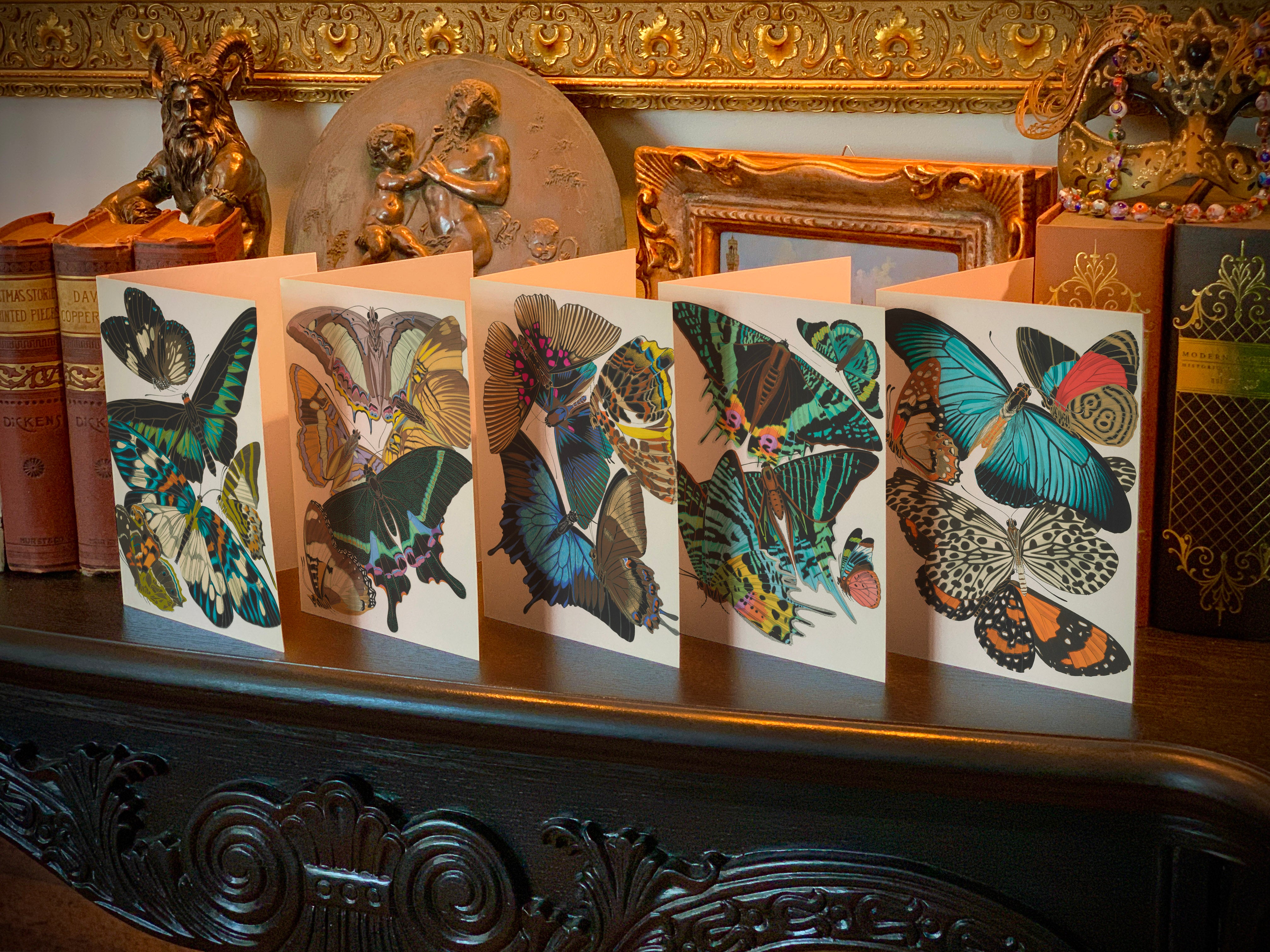 Butterflies by E.A. Seguy, Everyday Greeting Cards with Elegant Striped Gold Foil Envelopes, 5in x 7in, 5 Cards/5 Envelopes