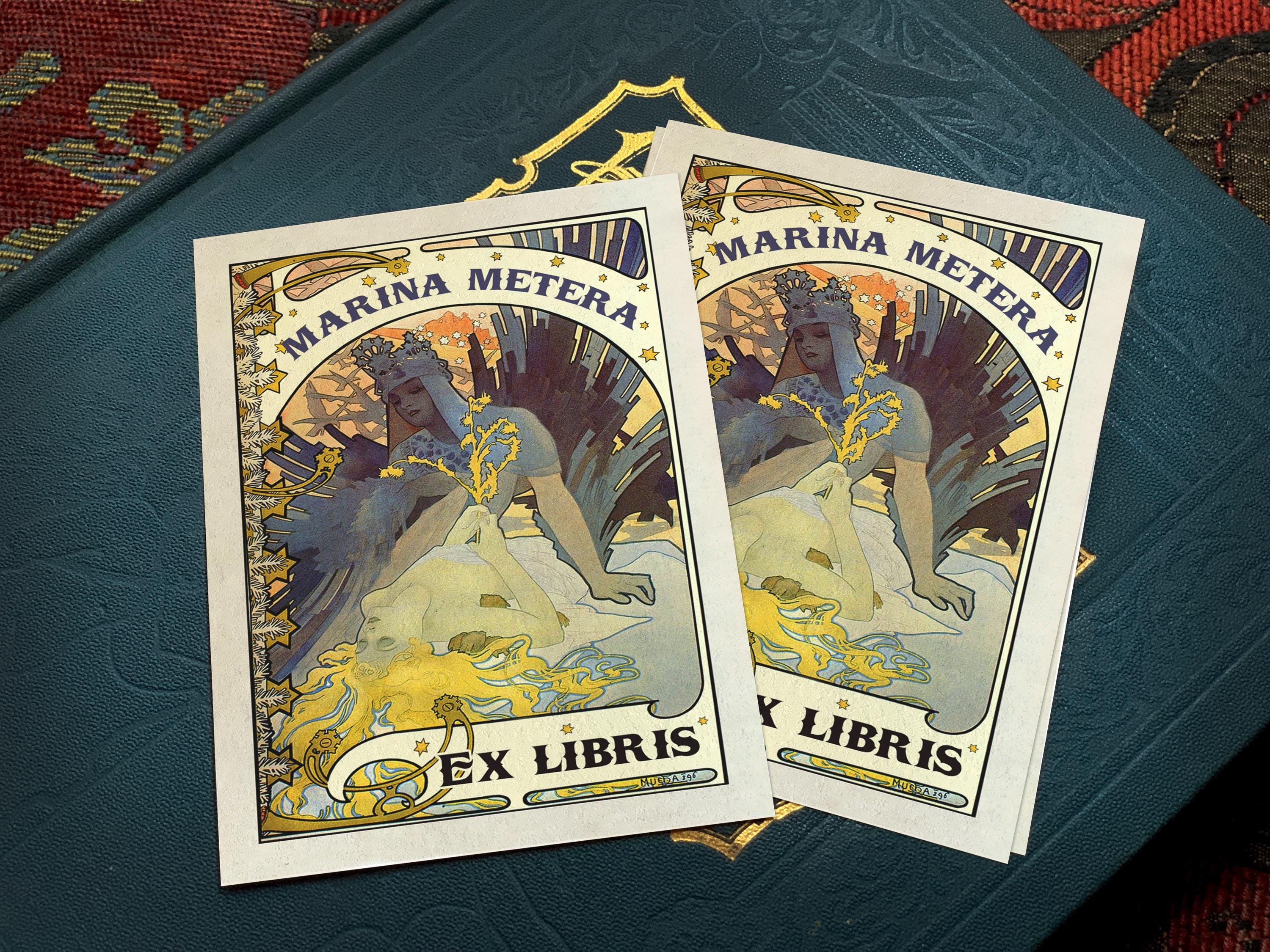 Sun and Moon by Alphonse Mucha, Personalized Art Nouveau Ex-Libris Bookplates, Crafted on Traditional Gummed Paper, 3in x 4in, Set of 30