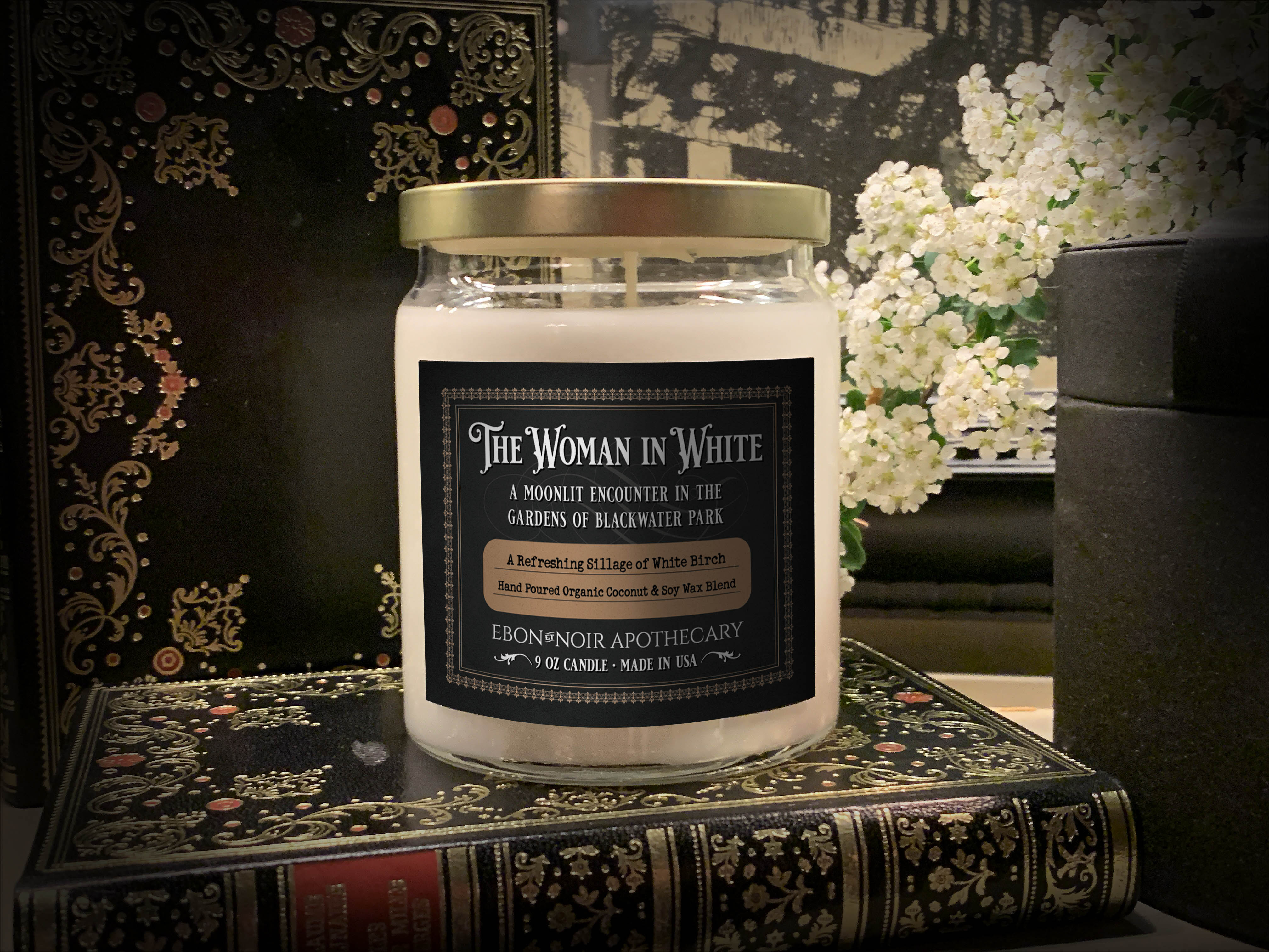 The Woman in White, Hand-Poured Coconut Soy Wax Candle in an Elegant Apothecary Jar with Gold Lid, White Birch Scent, 9oz