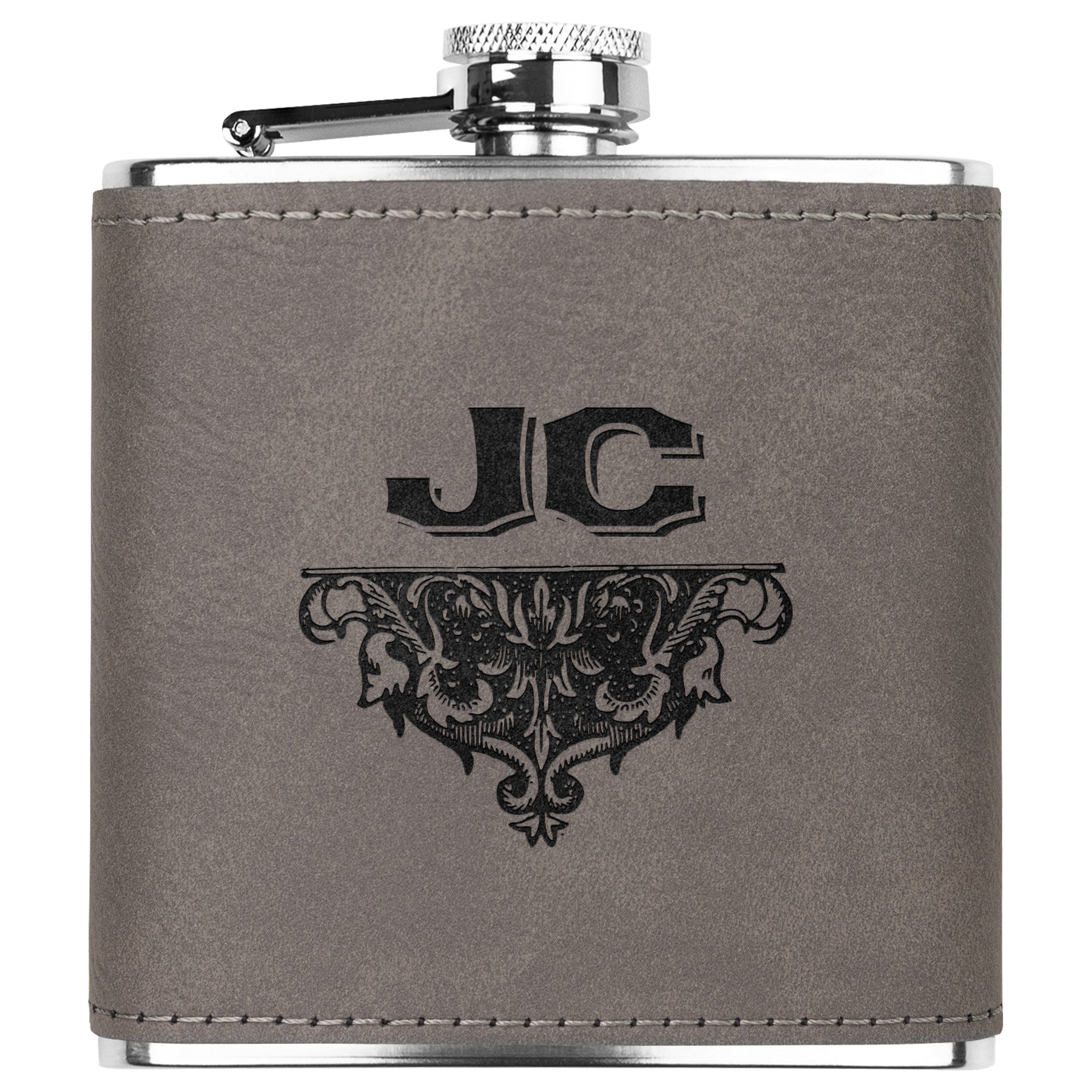 Acanthus Initial, Personalized 6oz Laser Engraved Faux Leather-Wrapped Stainless Steel Flask, Available in Three Finishes