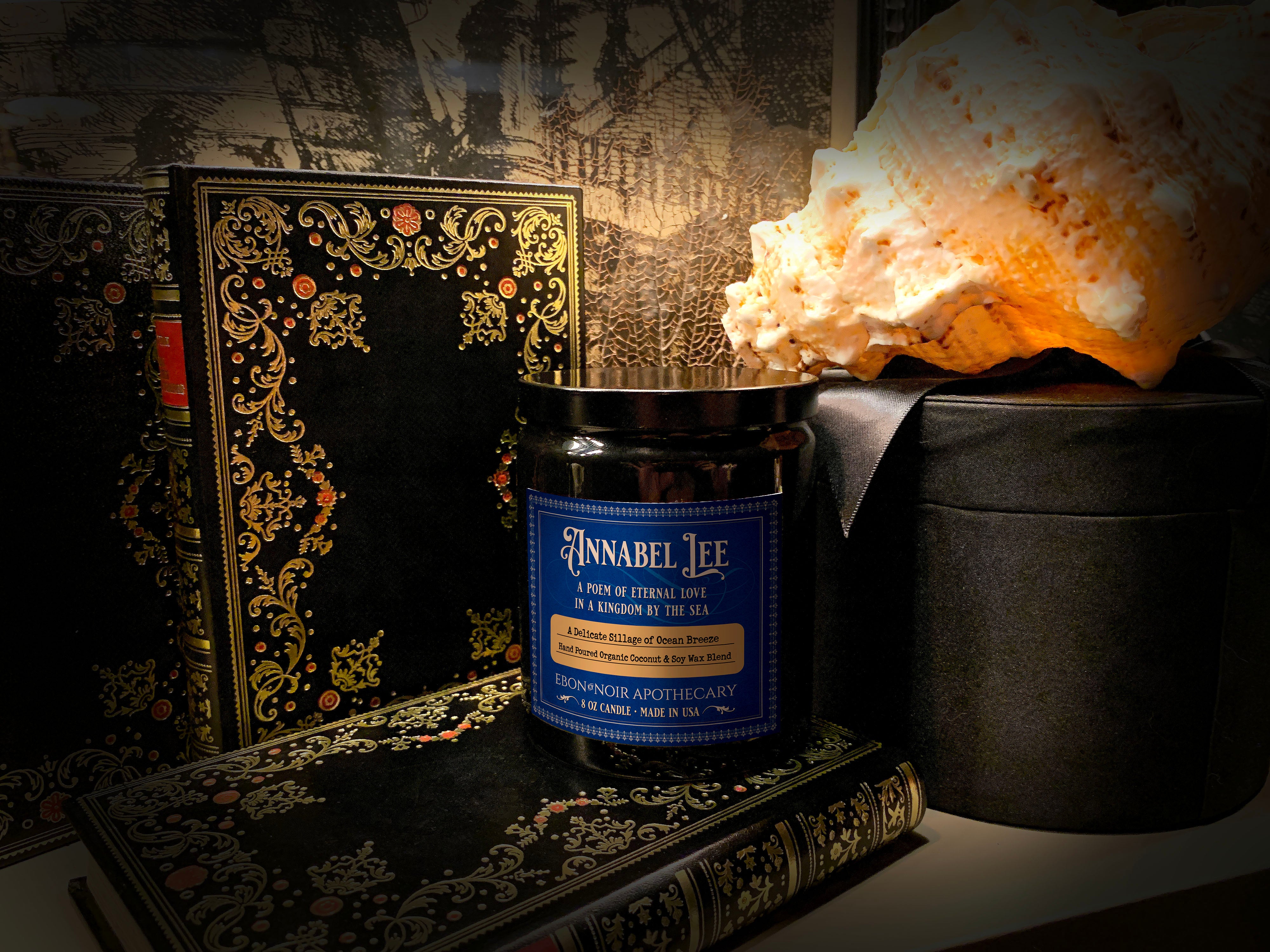 Annabel Lee, Hand-Poured Coconut Soy Wax Candle in an Elegant Black Ceramic Jar, Ocean Breeze Scent, 8oz