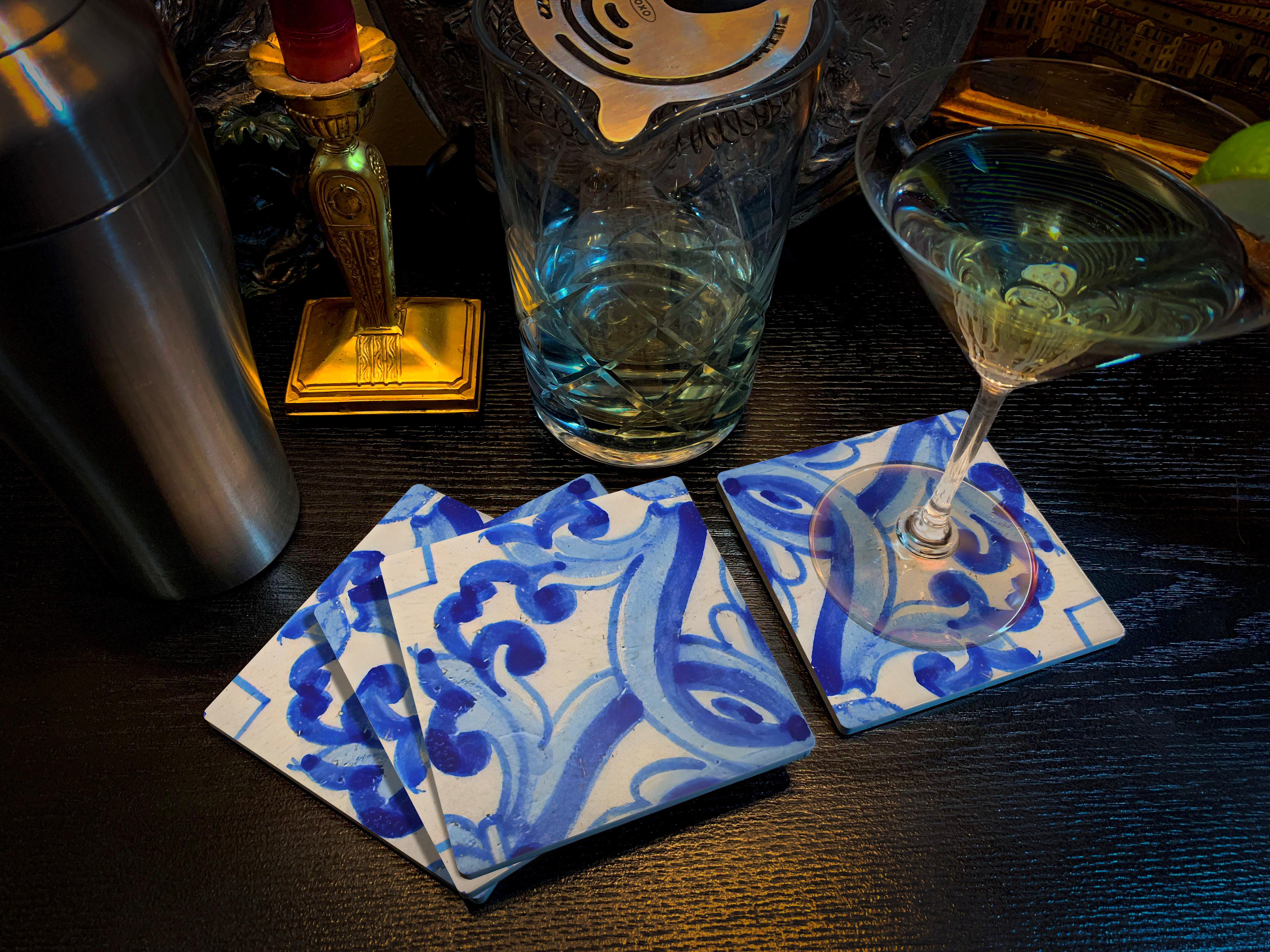 Azulejo, Drink Coasters, Made from Stone with a Cork Backing, Set of 4