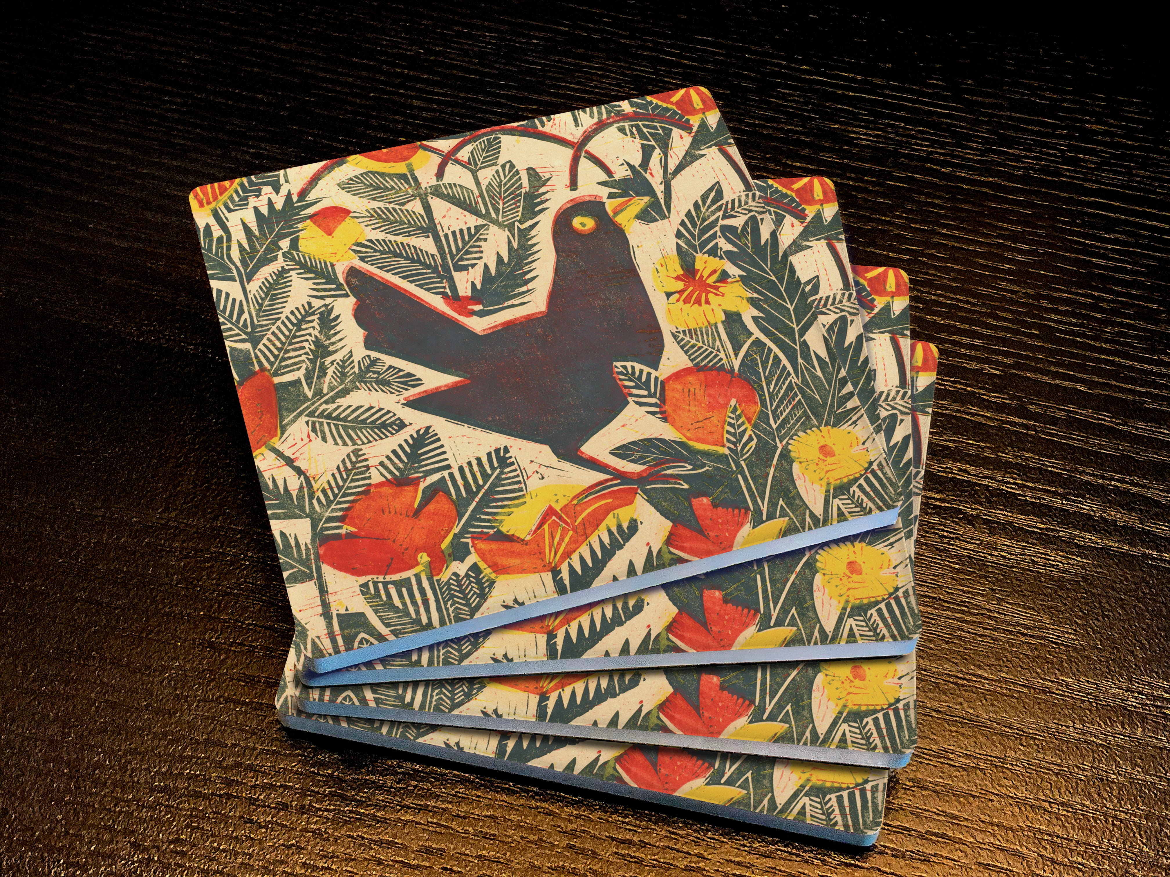 Woodcut Bird, Drink Coasters, Made from Stone with a Cork Backing, Set of 4