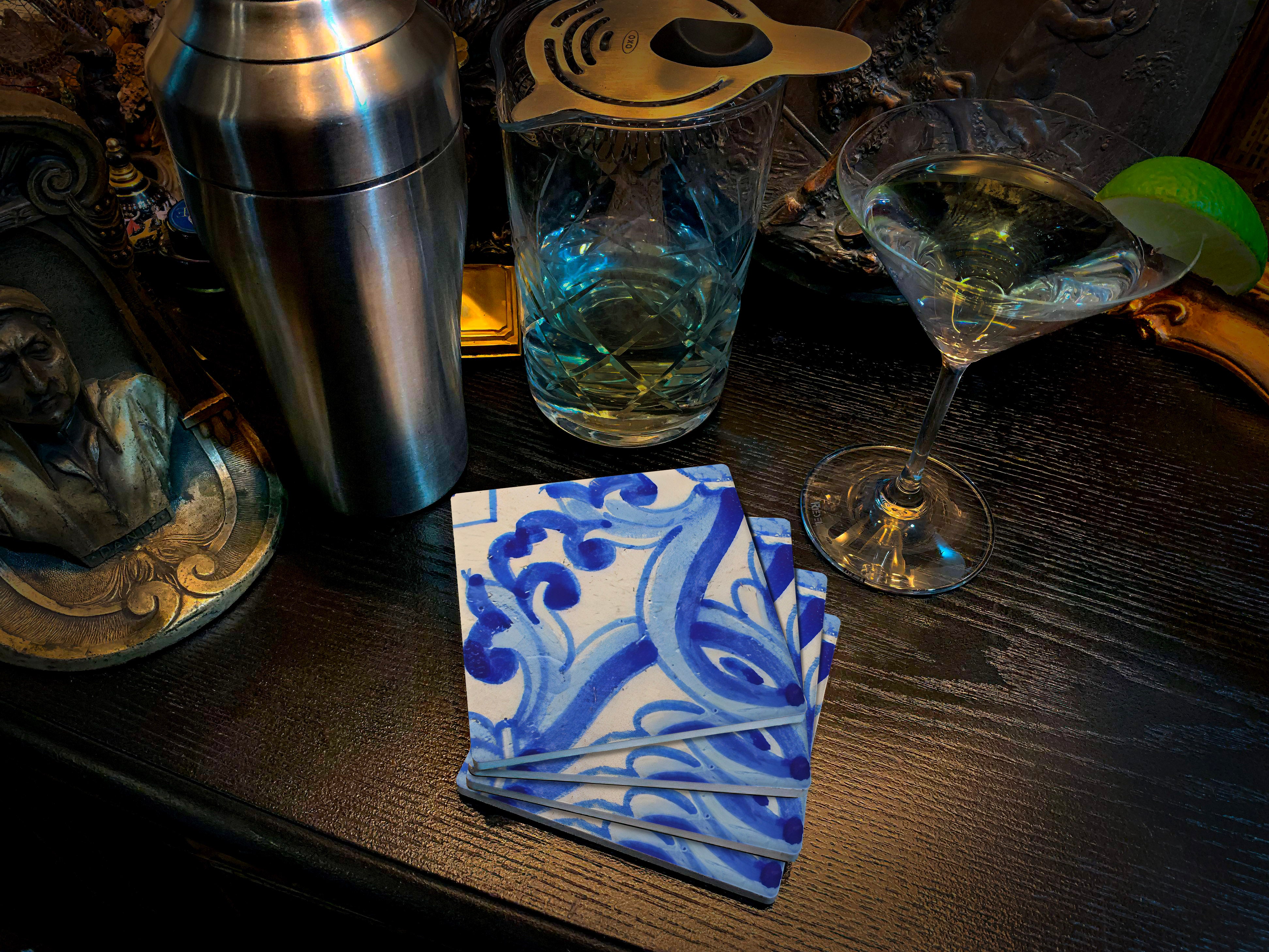 Azulejo, Drink Coasters, Made from Stone with a Cork Backing, Set of 4