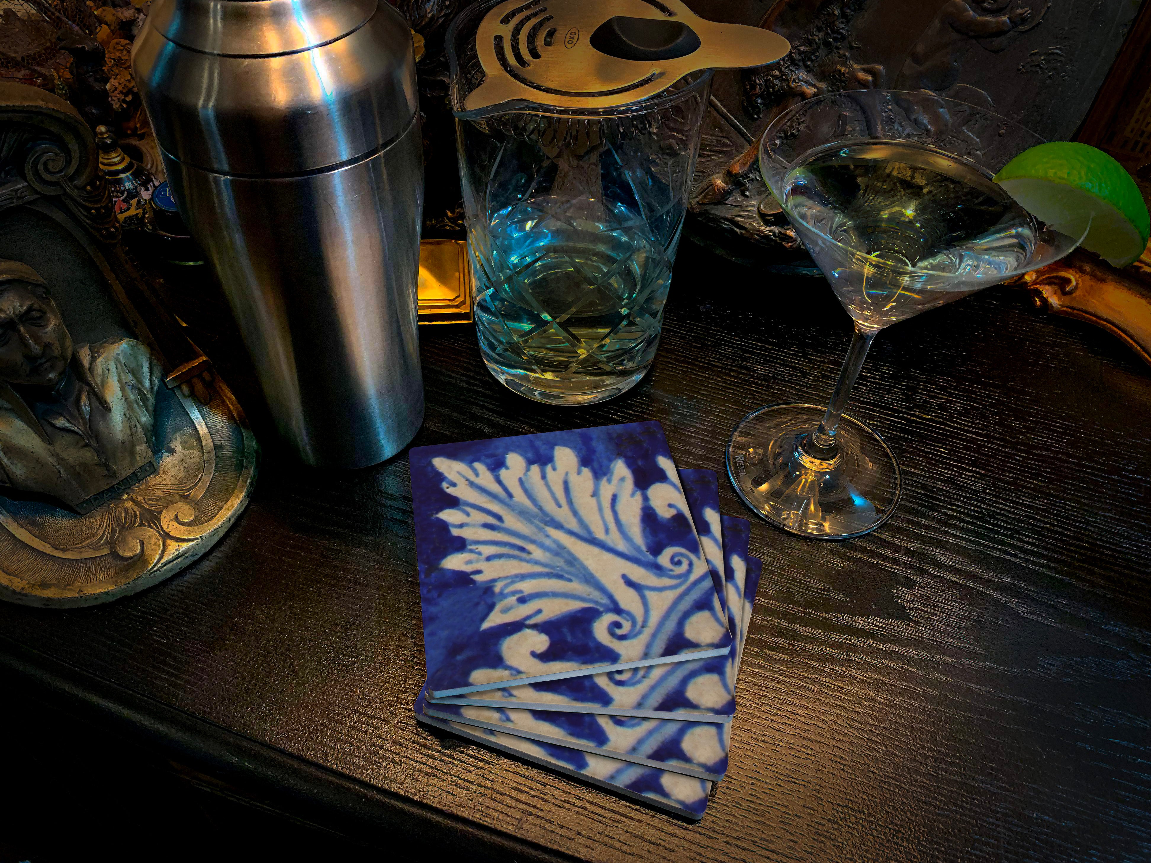 Acanthus Leaf Azulejo, Drink Coasters, Made from Stone with a Cork Backing, Set of 4