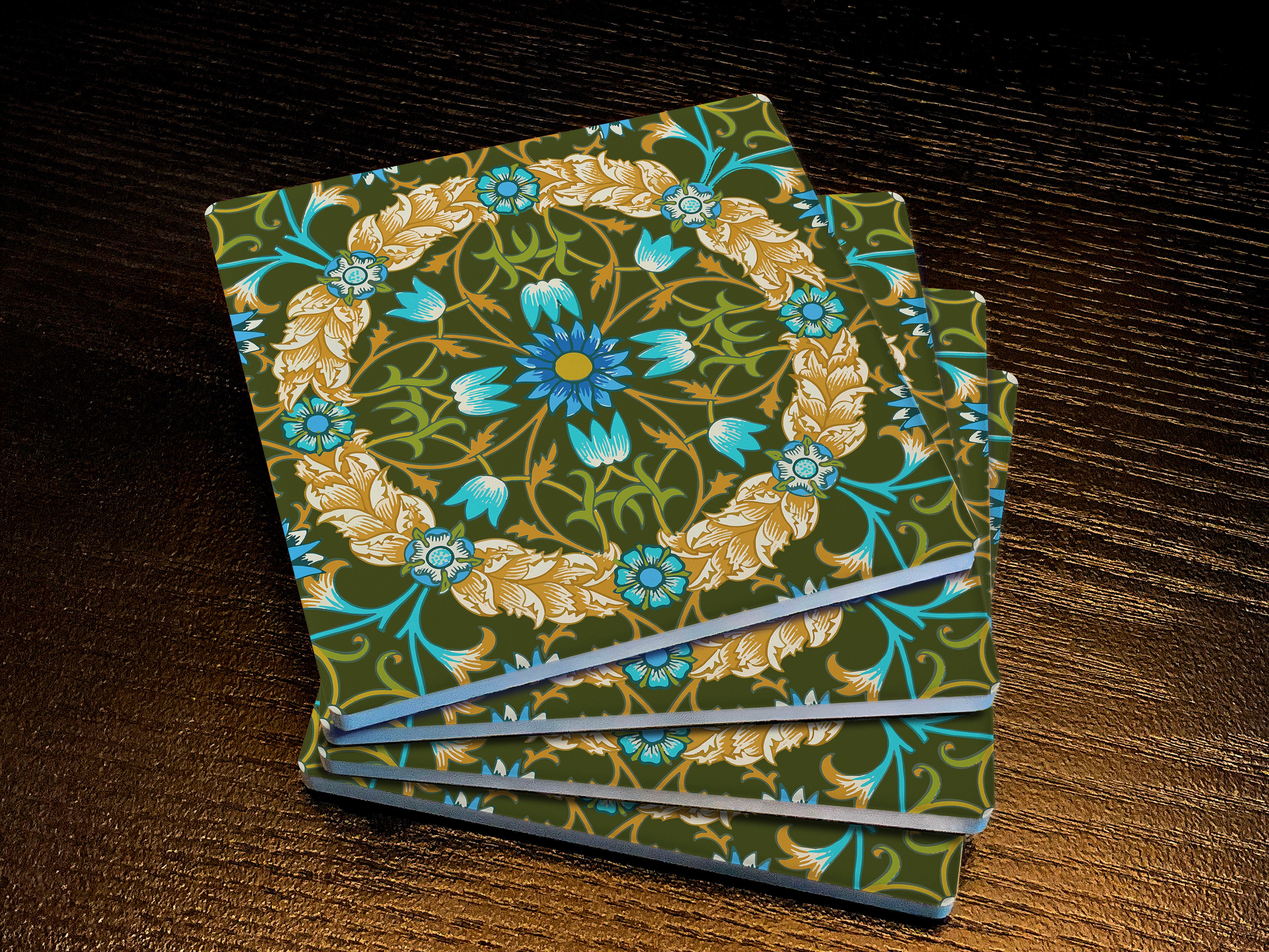 William Morris Floral Wreath, Drink Coasters, Made from Stone with a Cork Backing, Set of 4