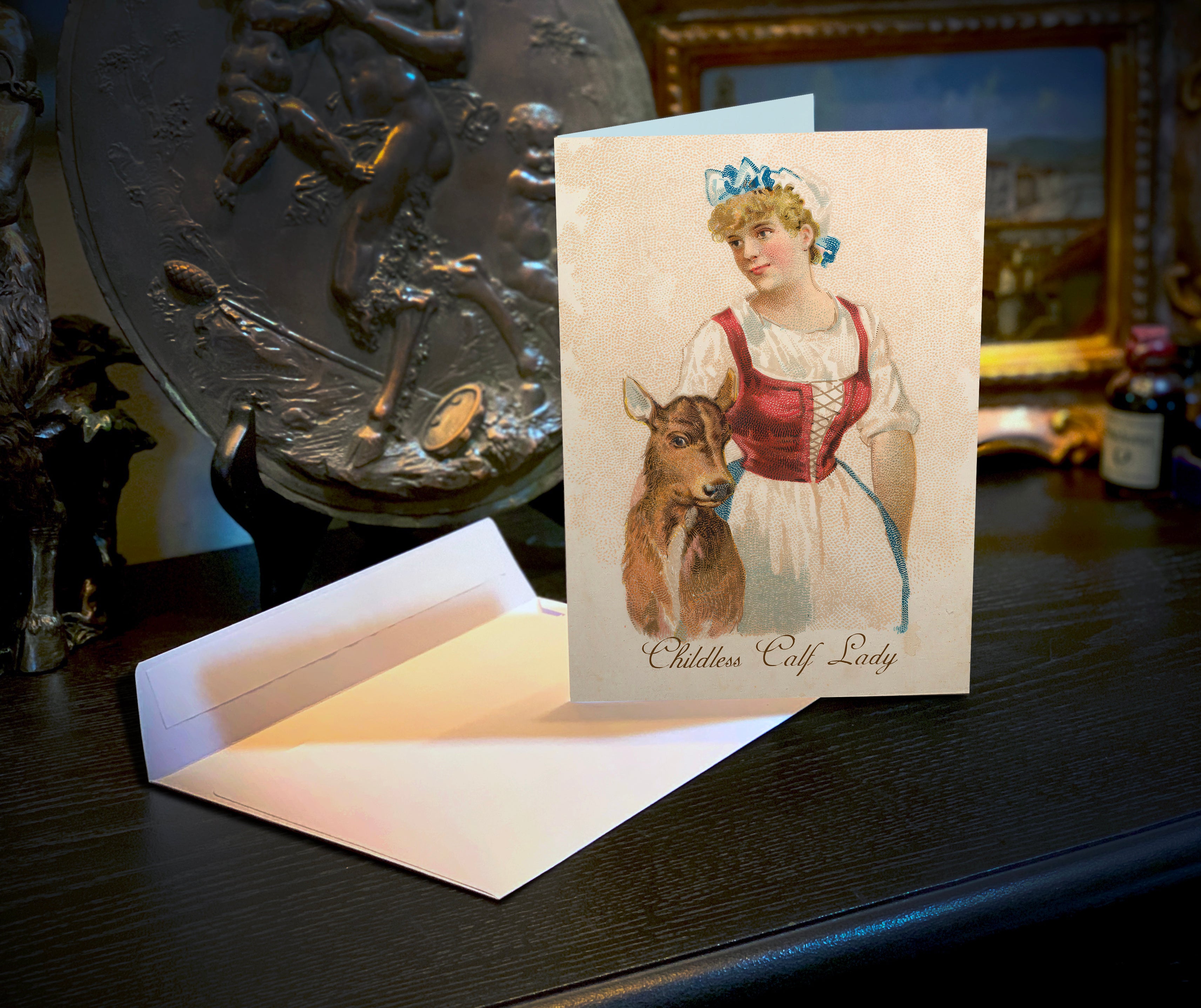 Childless Calf Lady, Victoriana, Humorous Everyday Greeting Cards With White Envelopes, 5in x 7in