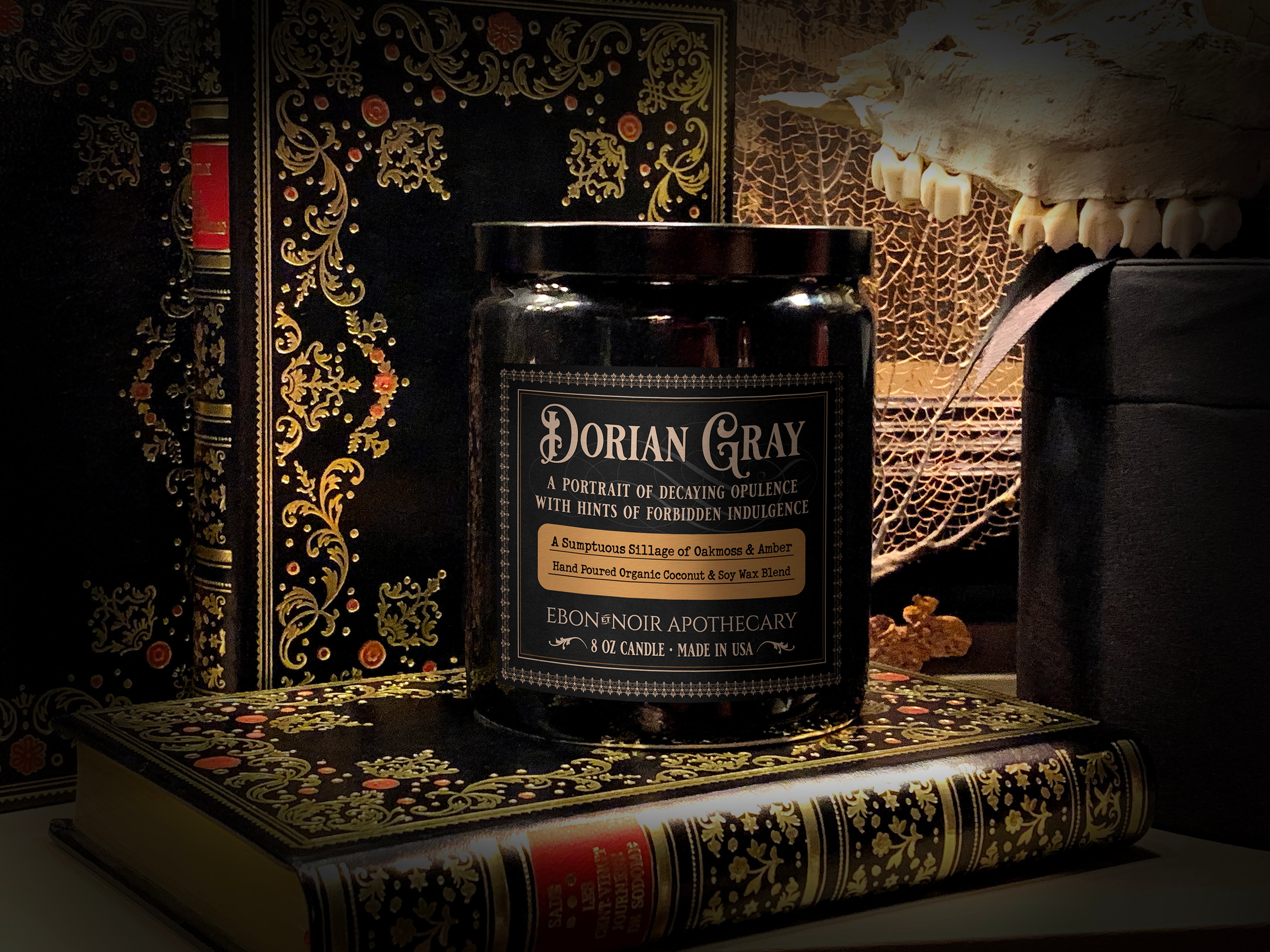 Dorian Gray, Hand-Poured Coconut Soy Wax Candle in an Elegant Black Ceramic Jar, Oakmoss and Amber Scent, 8oz