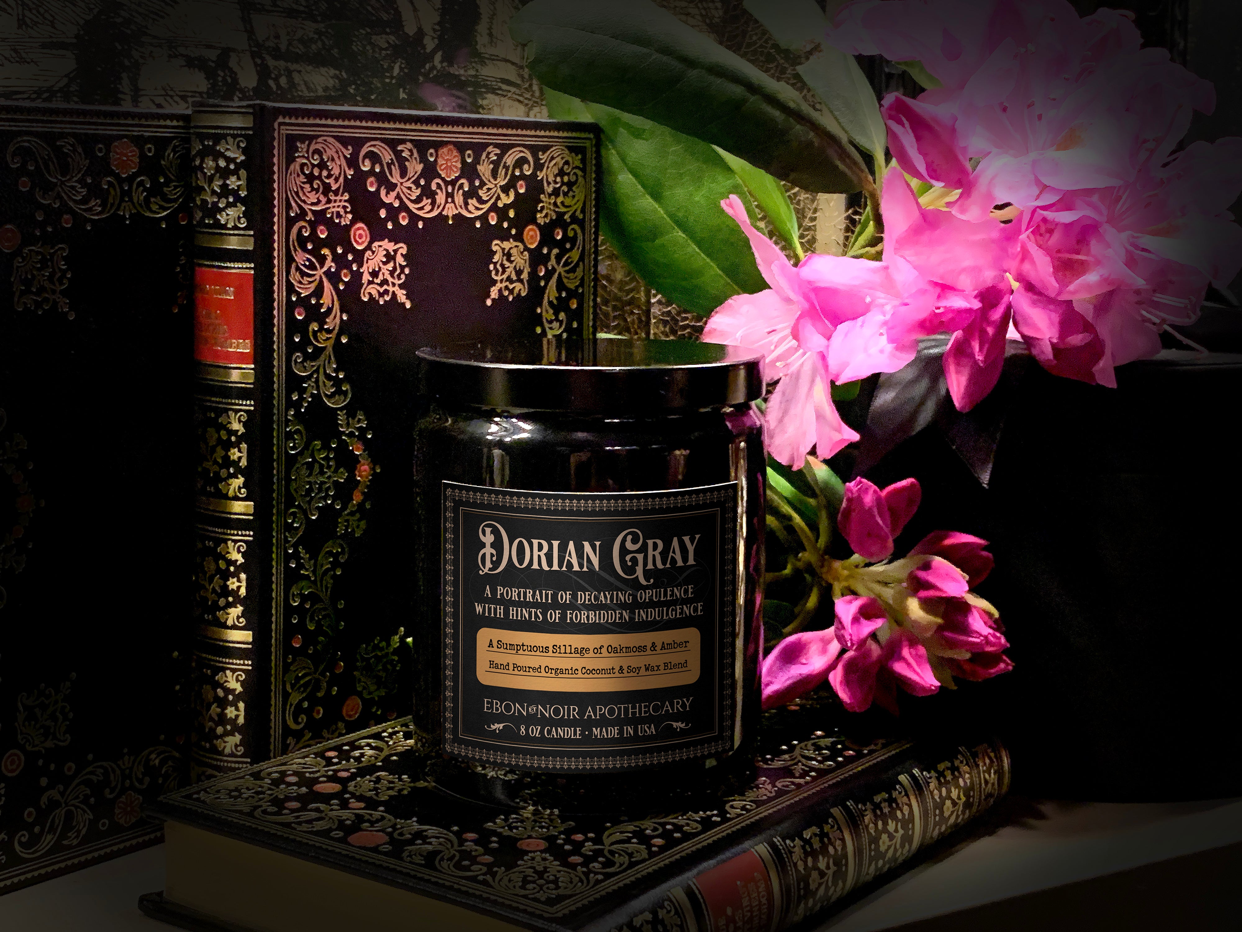 Dorian Gray, Hand-Poured Coconut Soy Wax Candle in an Elegant Black Ceramic Jar, Oakmoss and Amber Scent, 8oz