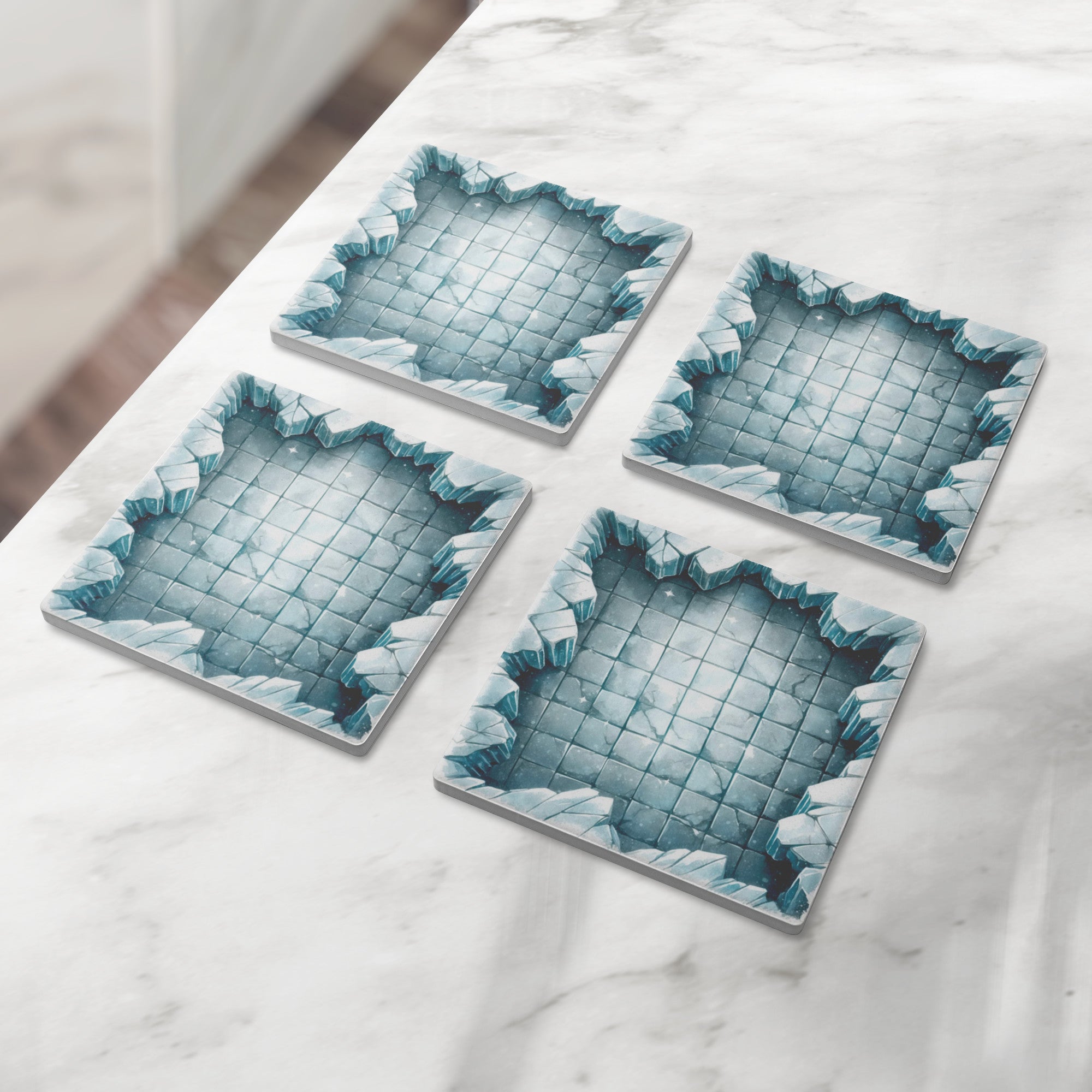 Dungeon Crawl Drink Coasters, Frostbound Expanse, Old-School RPG Tabletop Tiles Made from Soapstone with a Cork Backing, Set of 4