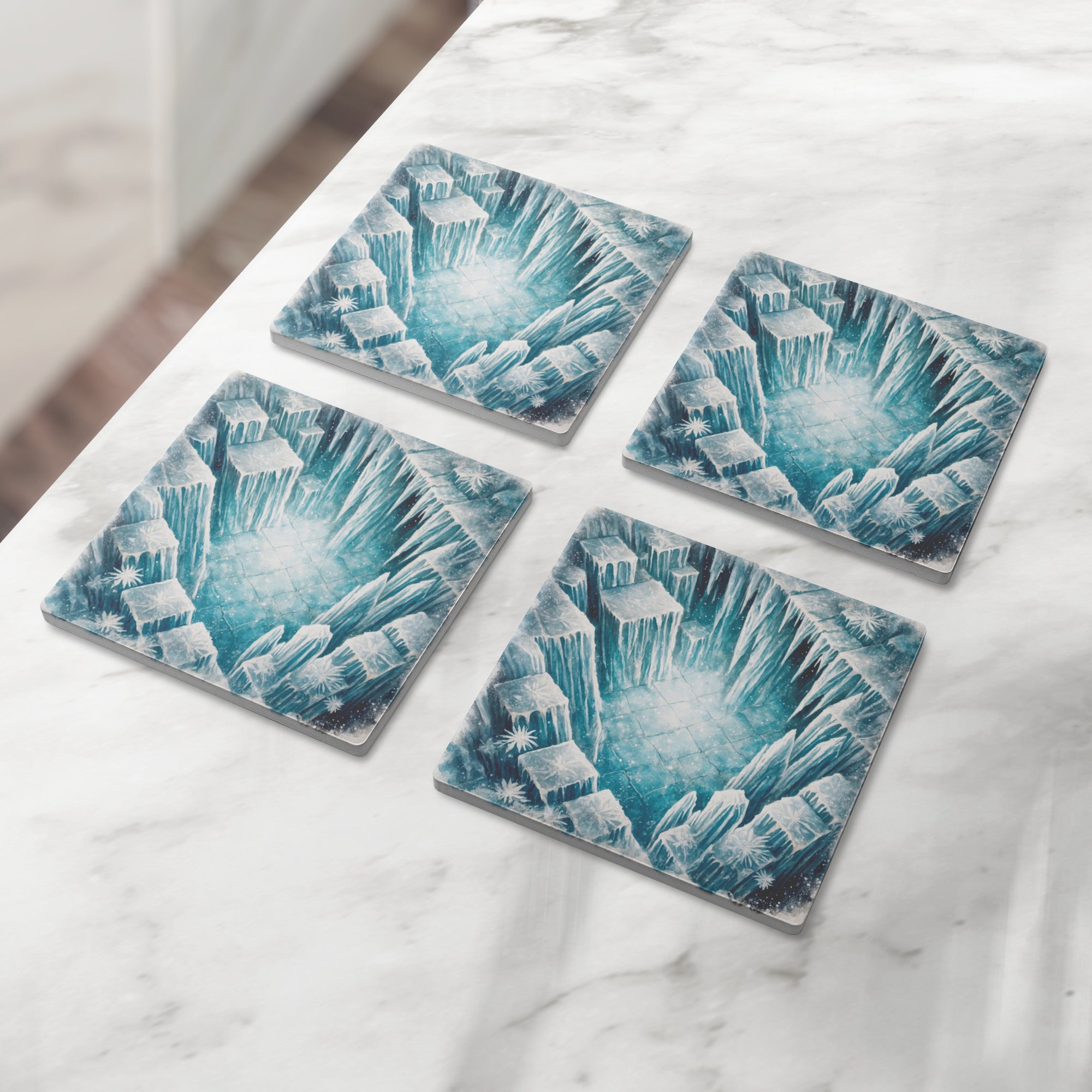 Dungeon Crawl Drink Coasters, Glacierfall Cavern, Old-School RPG Tabletop Tiles Made from Soapstone with a Cork Backing, Set of 4