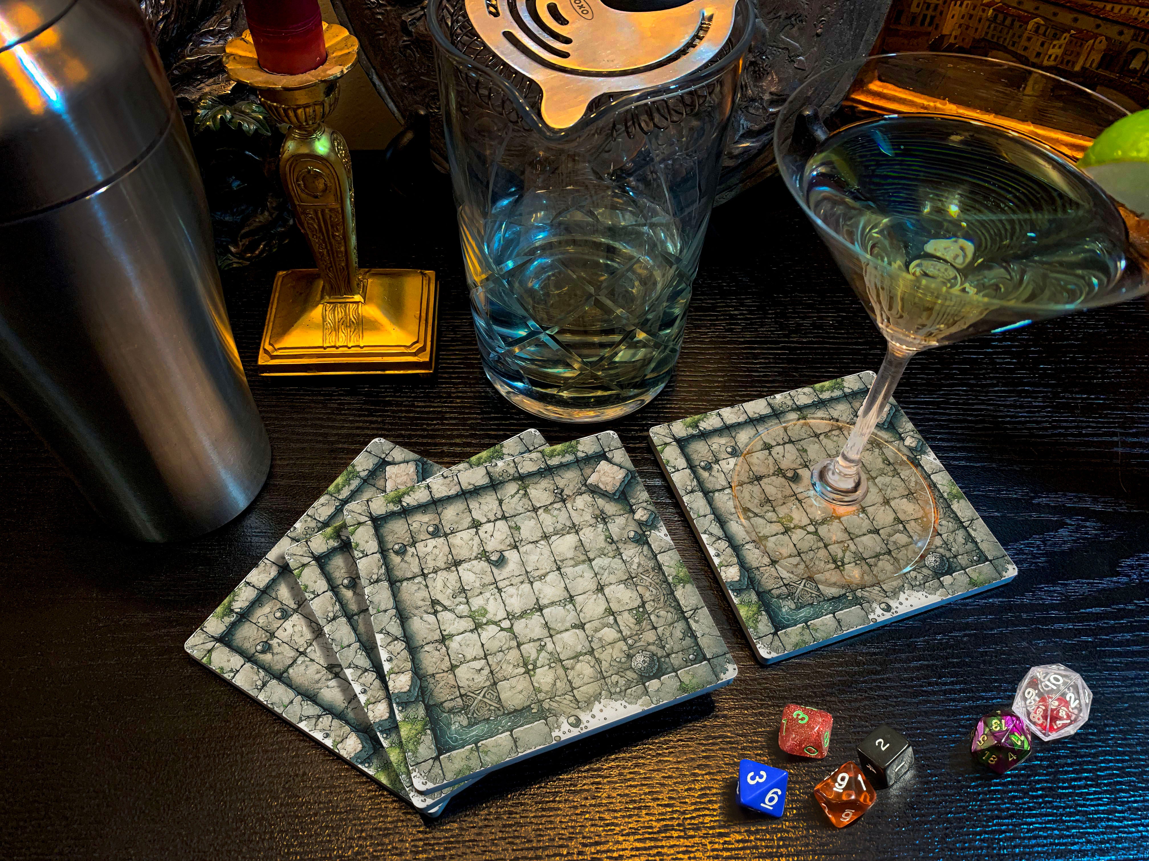 Dungeon Crawl Drink Coasters, The Jungle Ruin, Old-School RPG Tabletop Tiles Made from Soapstone with a Cork Backing, Set of 4