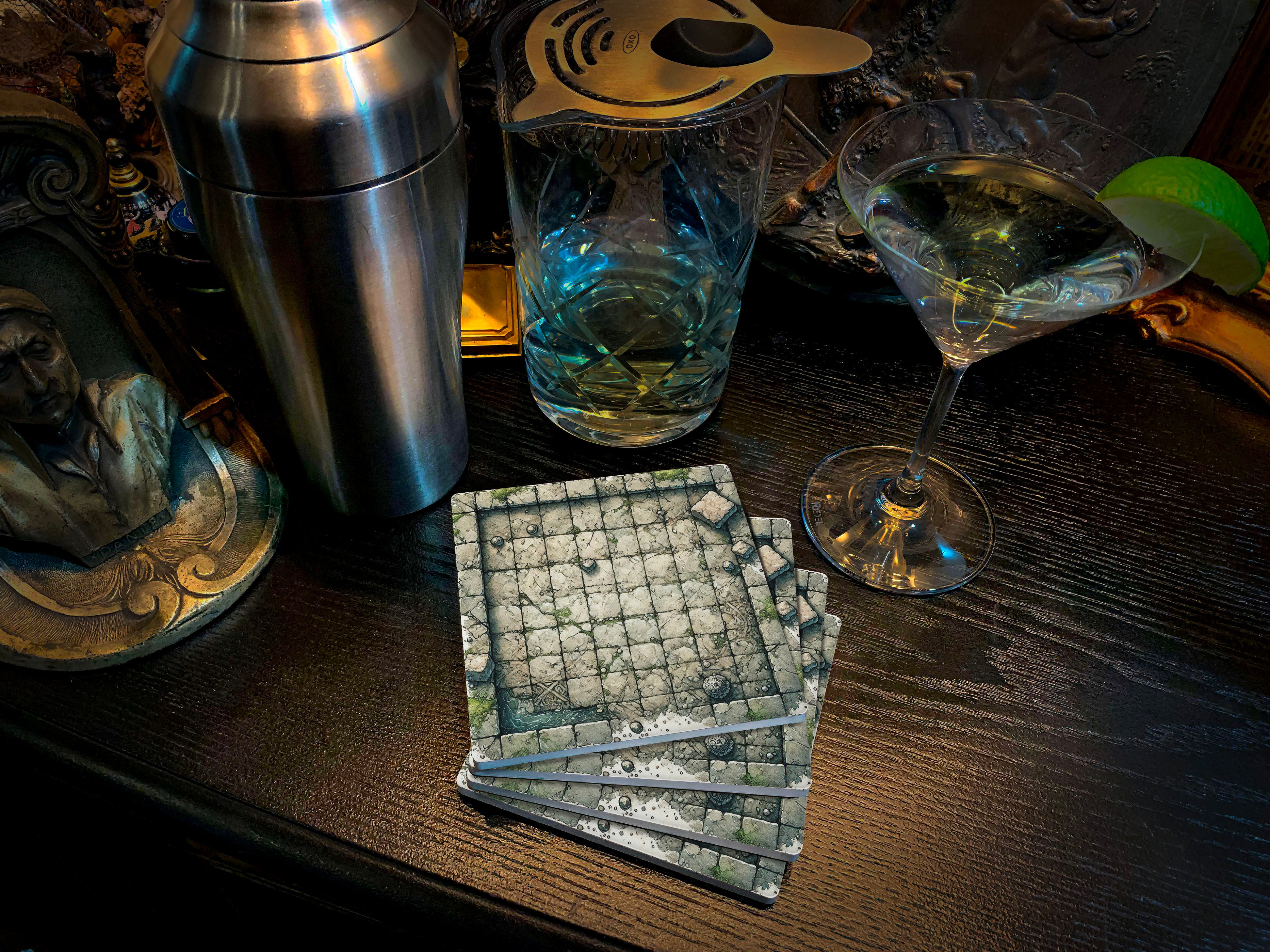 Dungeon Crawl Drink Coasters, The Jungle Ruin, Old-School RPG Tabletop Tiles Made from Soapstone with a Cork Backing, Set of 4