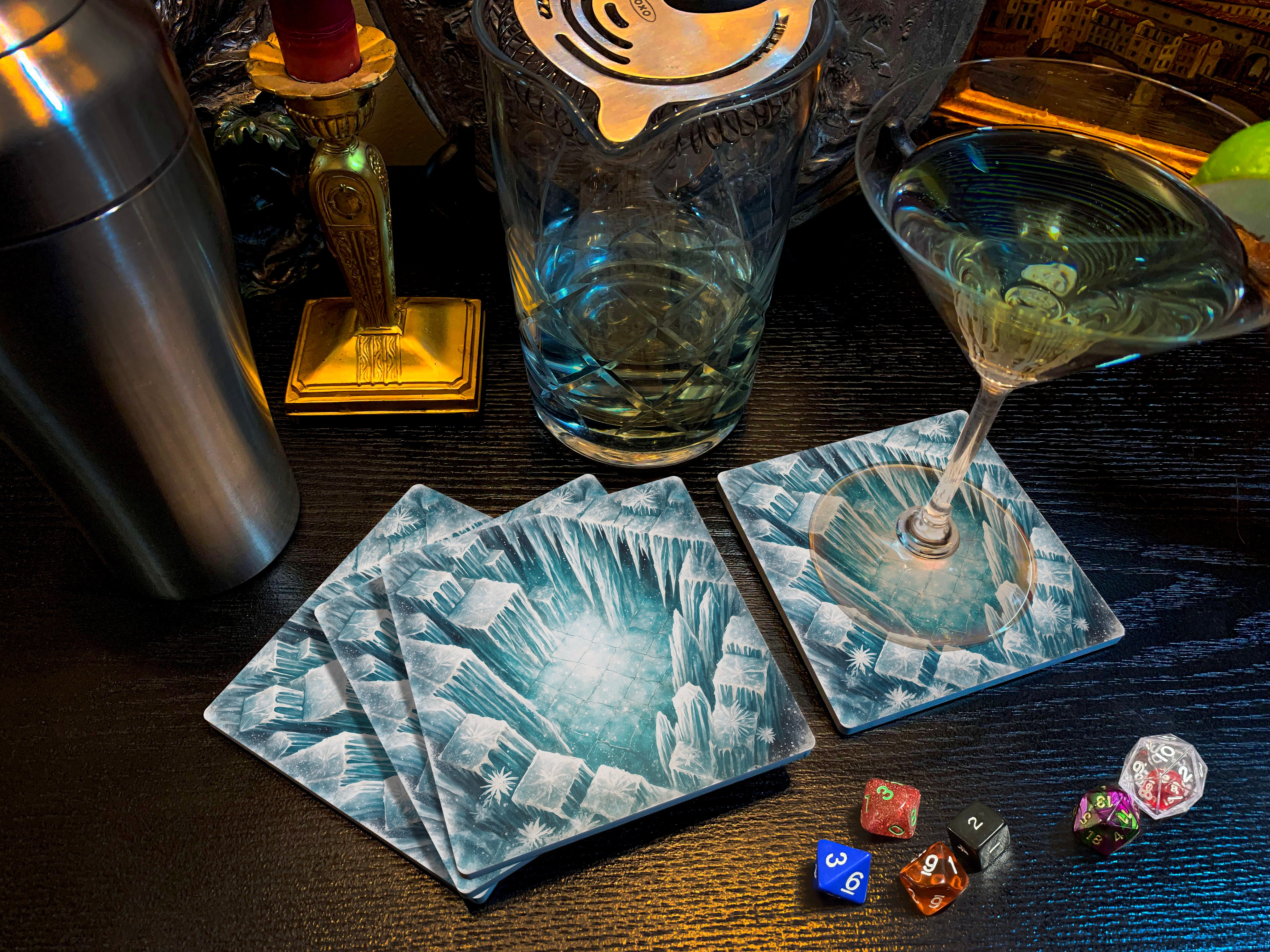 Dungeon Crawl Drink Coasters, Glacierfall Cavern, Old-School RPG Tabletop Tiles Made from Soapstone with a Cork Backing, Set of 4