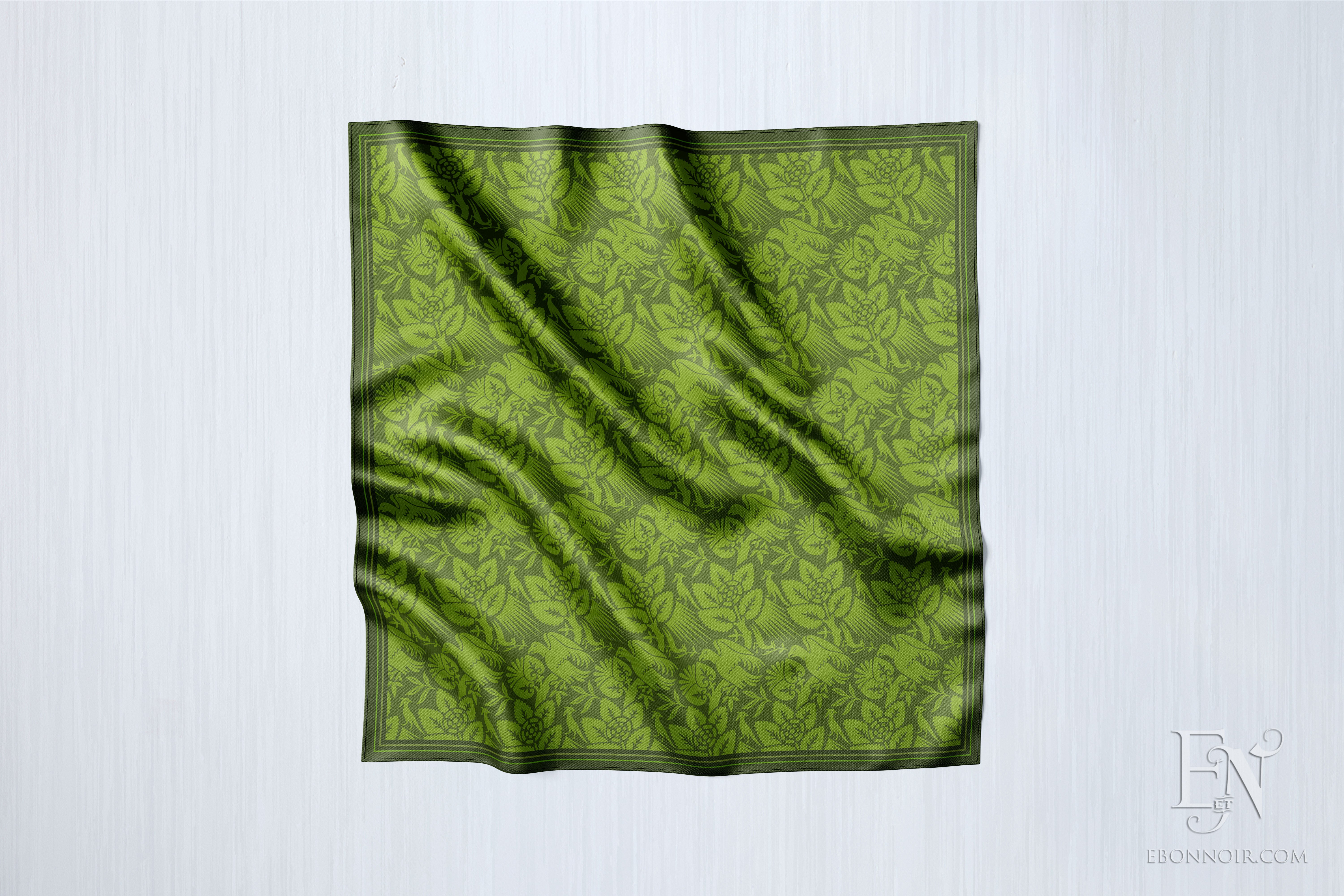 Medieval Woodland with Birds (Green), Luxurious Square Scarf/Wrap/Boho Shawl, Made to Order, Handmade and Cruelty Free