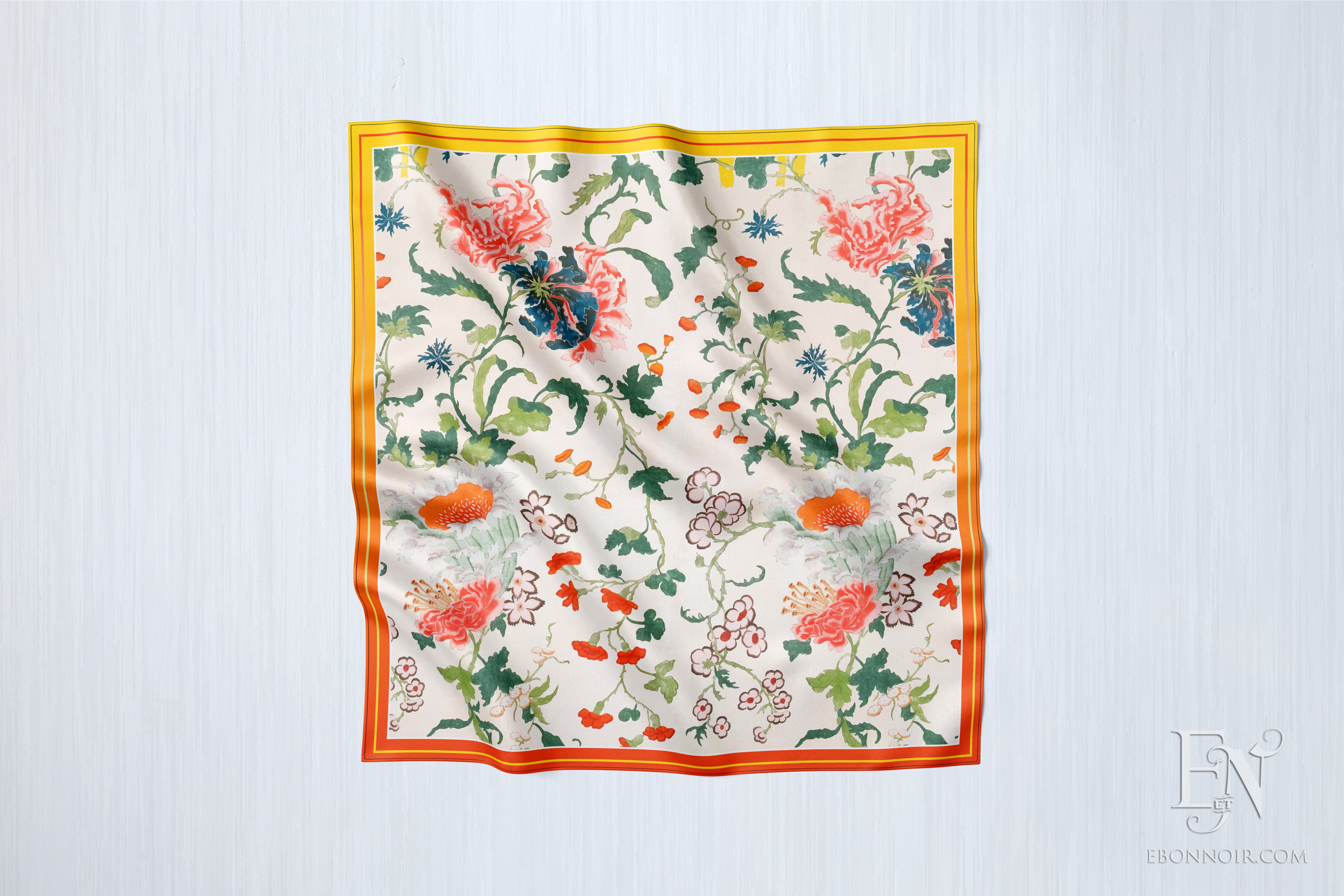 Blooming Flowers Chinoiserie, Luxurious Square Scarf/Wrap/Boho Shawl, Made to Order, Handmade and Cruelty-Free