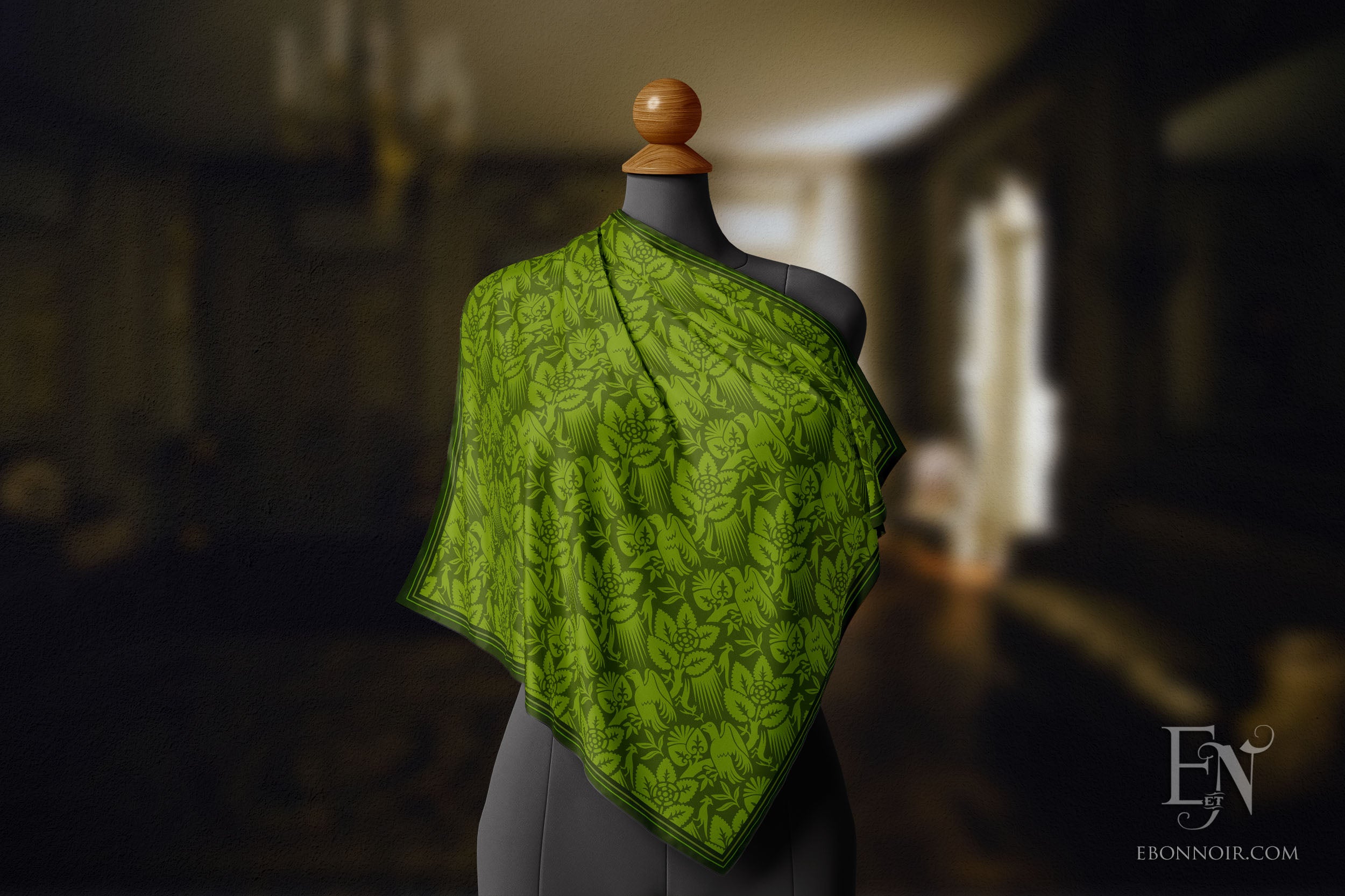 Medieval Woodland with Birds (Green), Luxurious Square Scarf/Wrap/Boho Shawl, Made to Order, Handmade and Cruelty Free