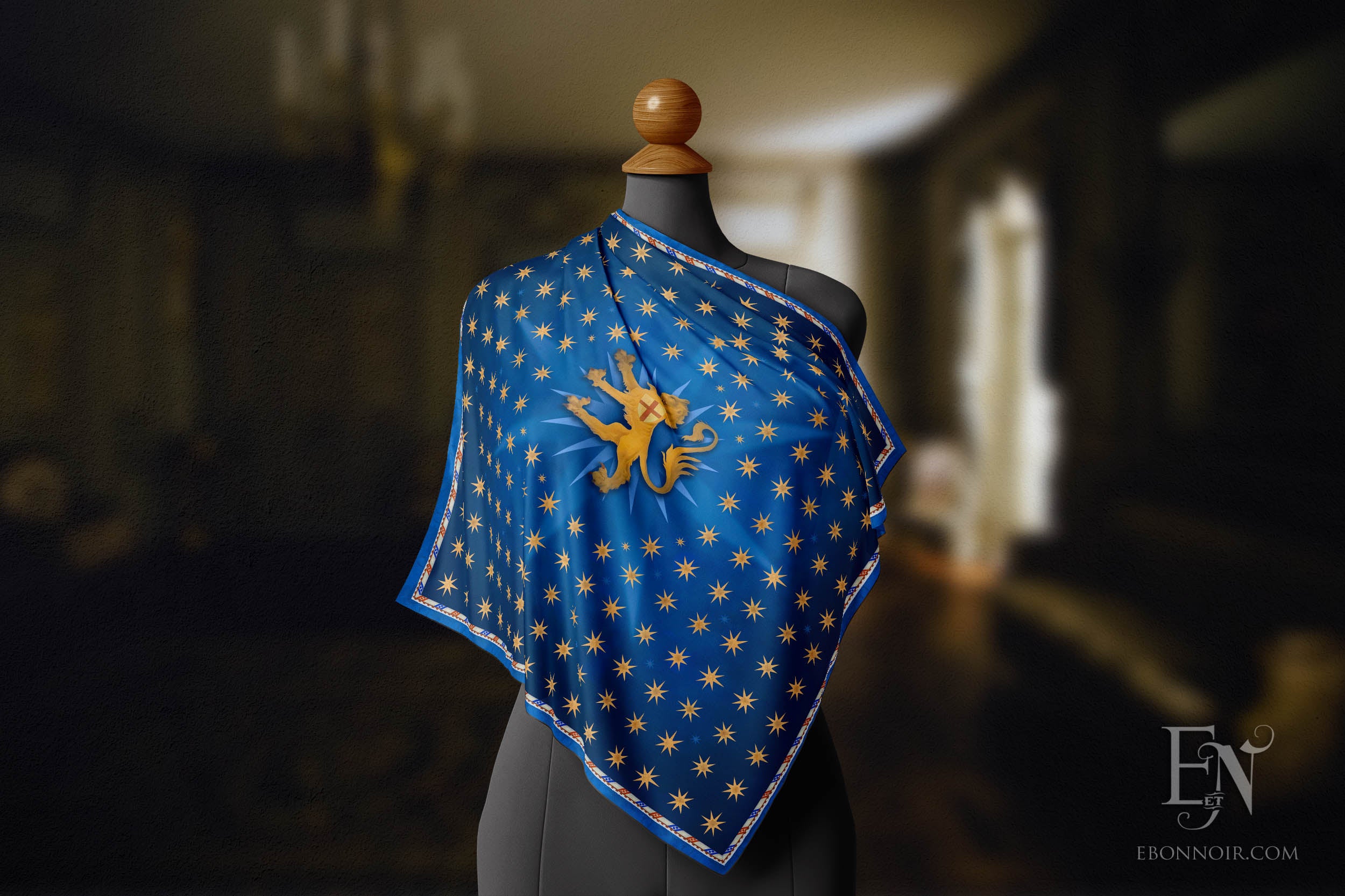 Florentine Rampant Lion Against a Celestial Field, Luxurious Square Scarf/Wrap/Boho Shawl, Made to Order, Handmade and Cruelty-Free