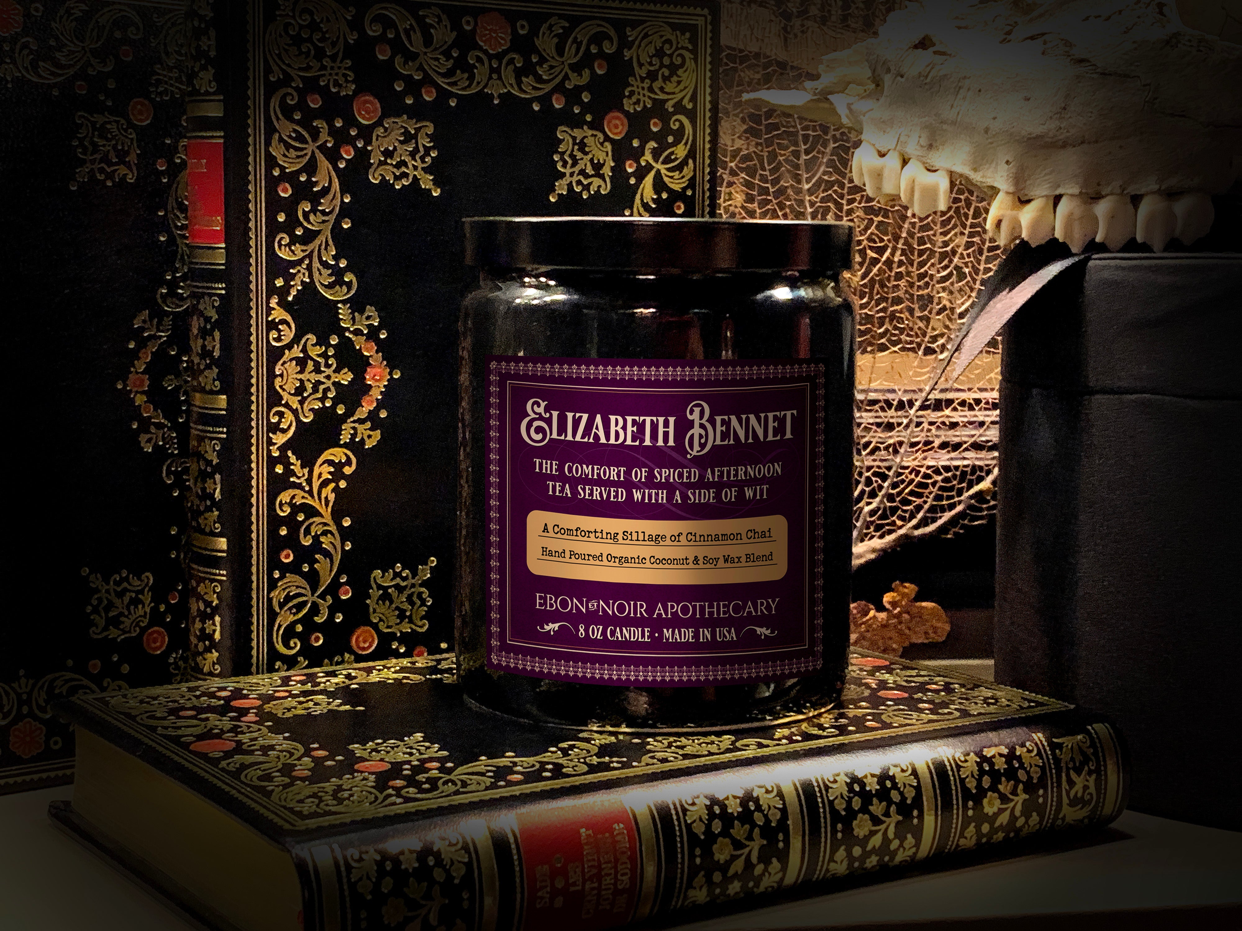 Elizabeth Bennet, Hand-Poured Coconut Soy Wax Candle in an Elegant Black Ceramic Jar, Cinnamon Chai Scent, 8oz