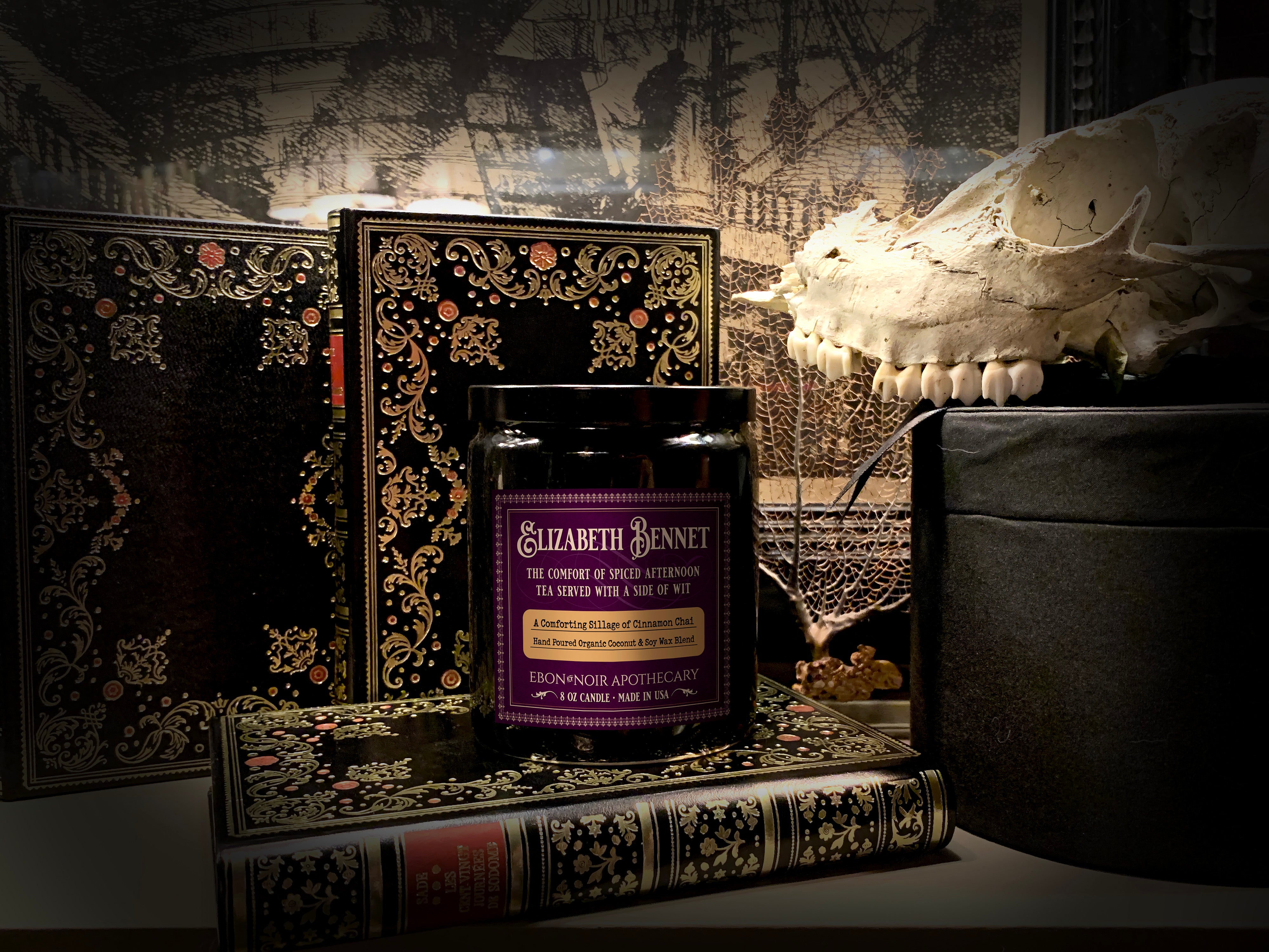 Elizabeth Bennet, Hand-Poured Coconut Soy Wax Candle in an Elegant Black Ceramic Jar, Cinnamon Chai Scent, 8oz