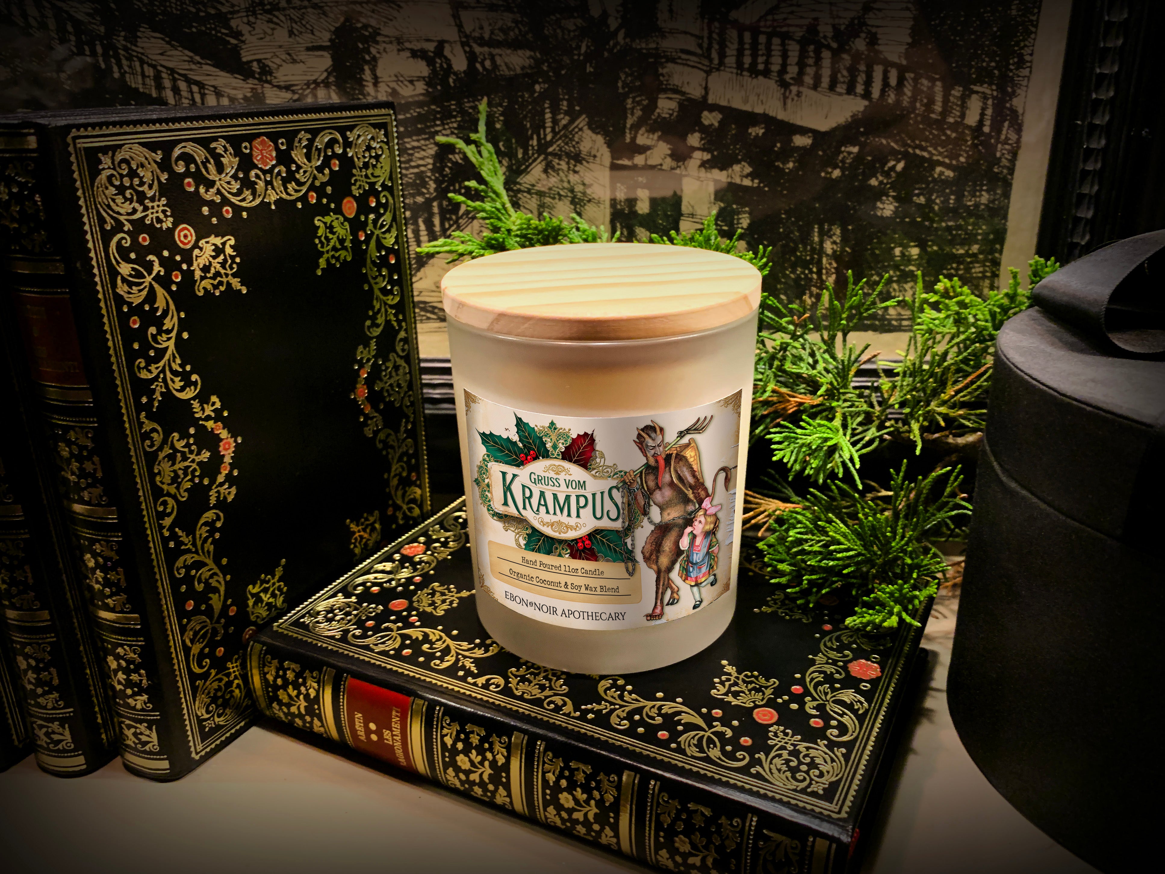 Gruss Vom Krampus Christmas Candle, Frosted Glass Jar, Hand Poured Vegan Wax, Wooden Wick, 50+ Hours of Burn Time