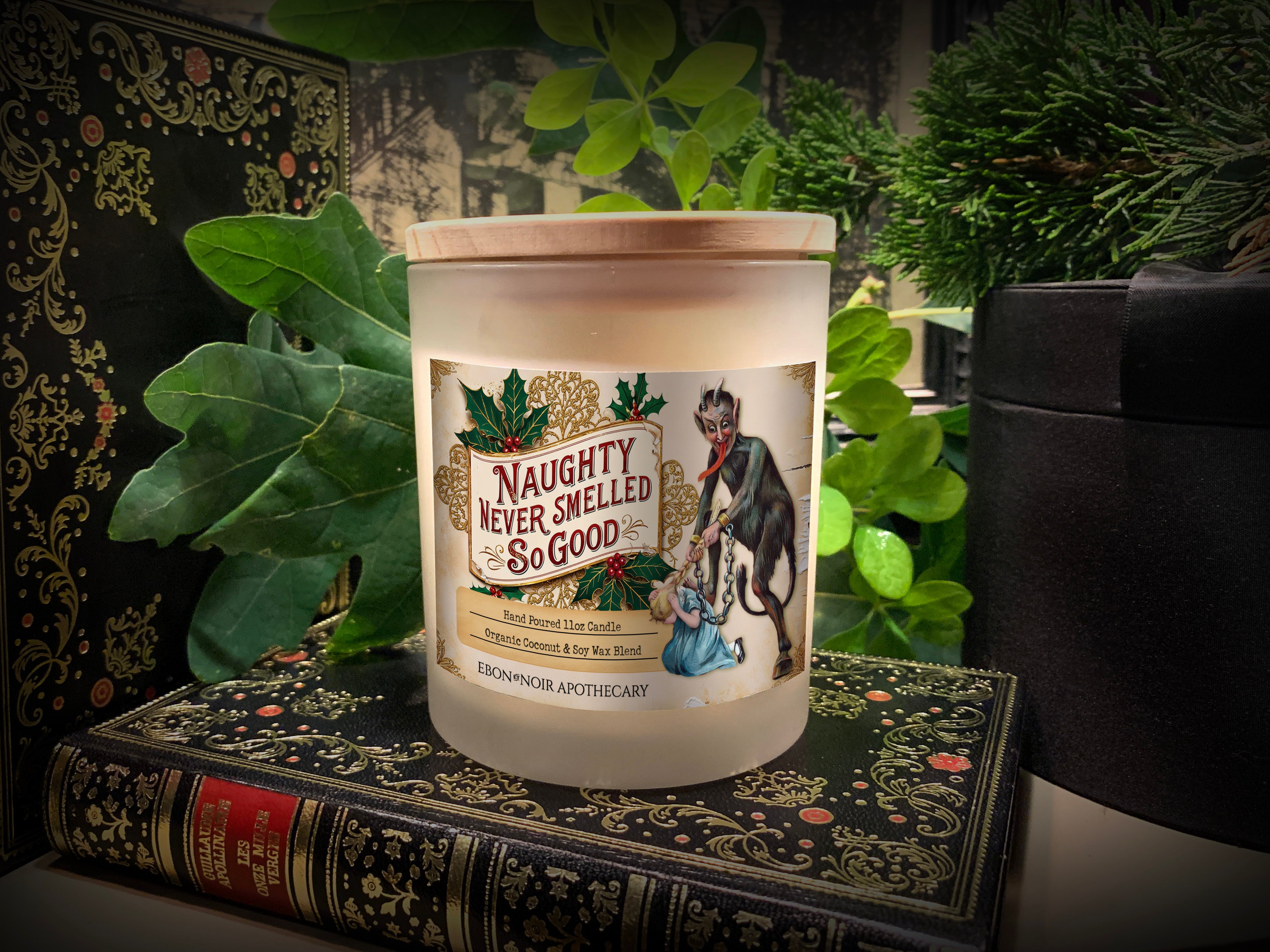 Naughty Never Smelled So Good, Krampus Christmas Candle, Frosted Glass Jar, Hand Poured Vegan Wax, Wooden Wick, 50+ Hours of Burn Time