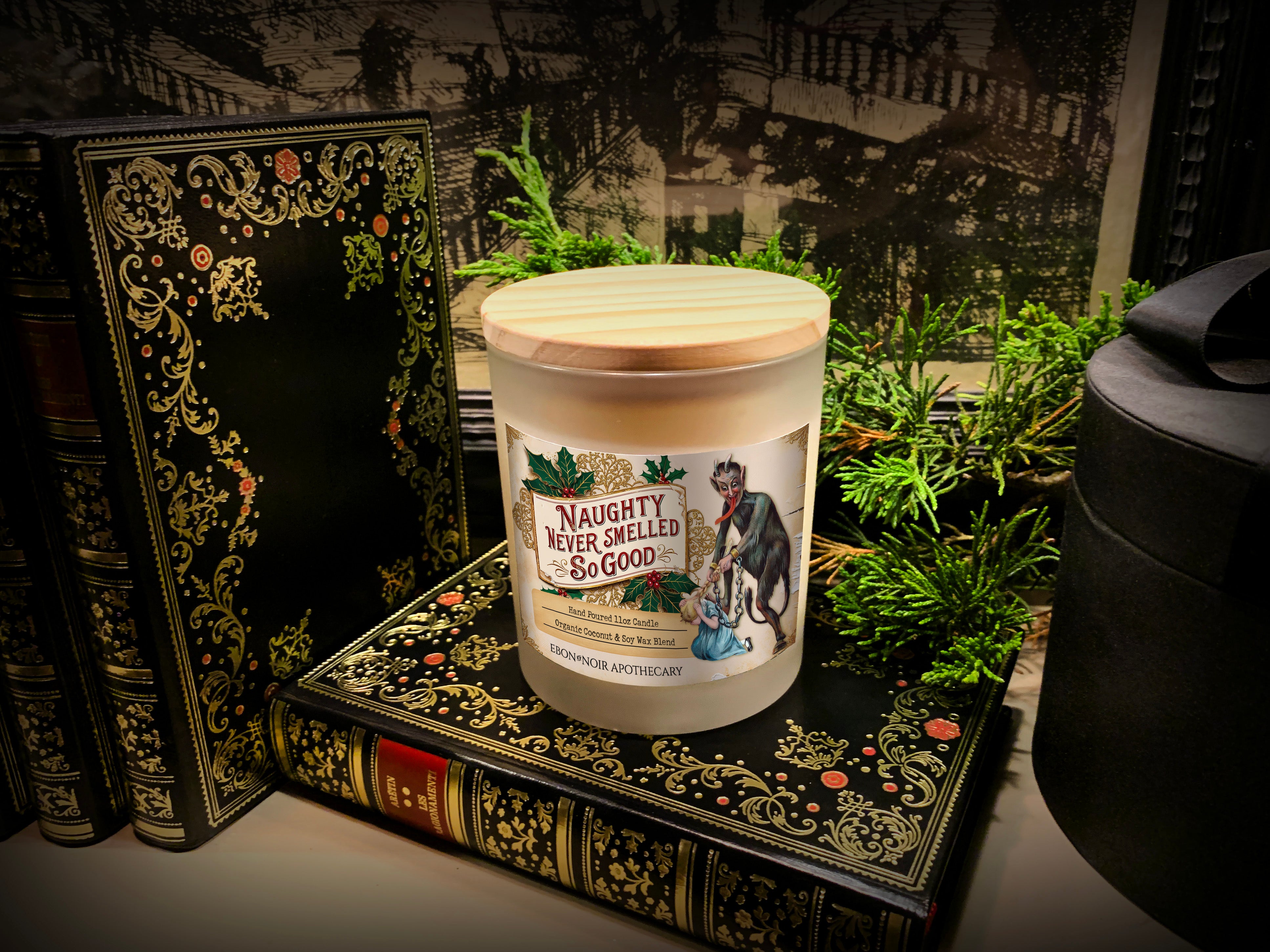 Naughty Never Smelled So Good, Krampus Christmas Candle, Frosted Glass Jar, Hand Poured Vegan Wax, Wooden Wick, 50+ Hours of Burn Time