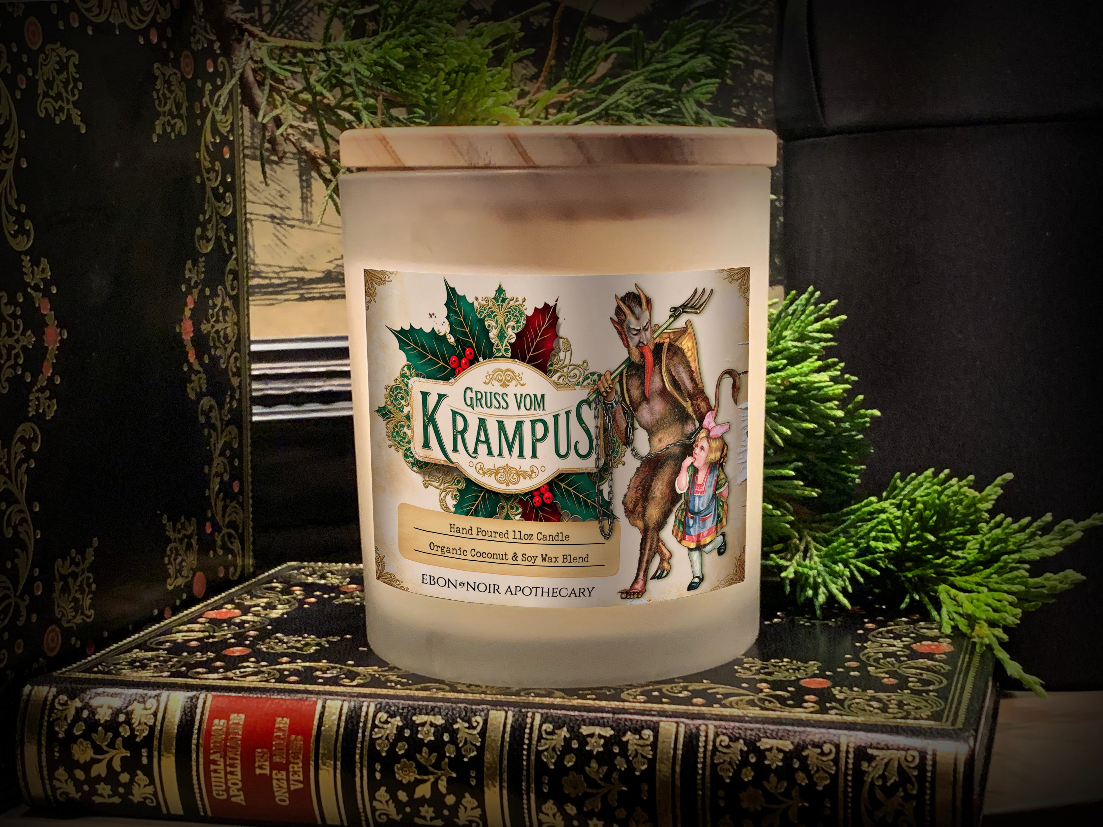 Gruss Vom Krampus Christmas Candle, Frosted Glass Jar, Hand Poured Vegan Wax, Wooden Wick, 50+ Hours of Burn Time