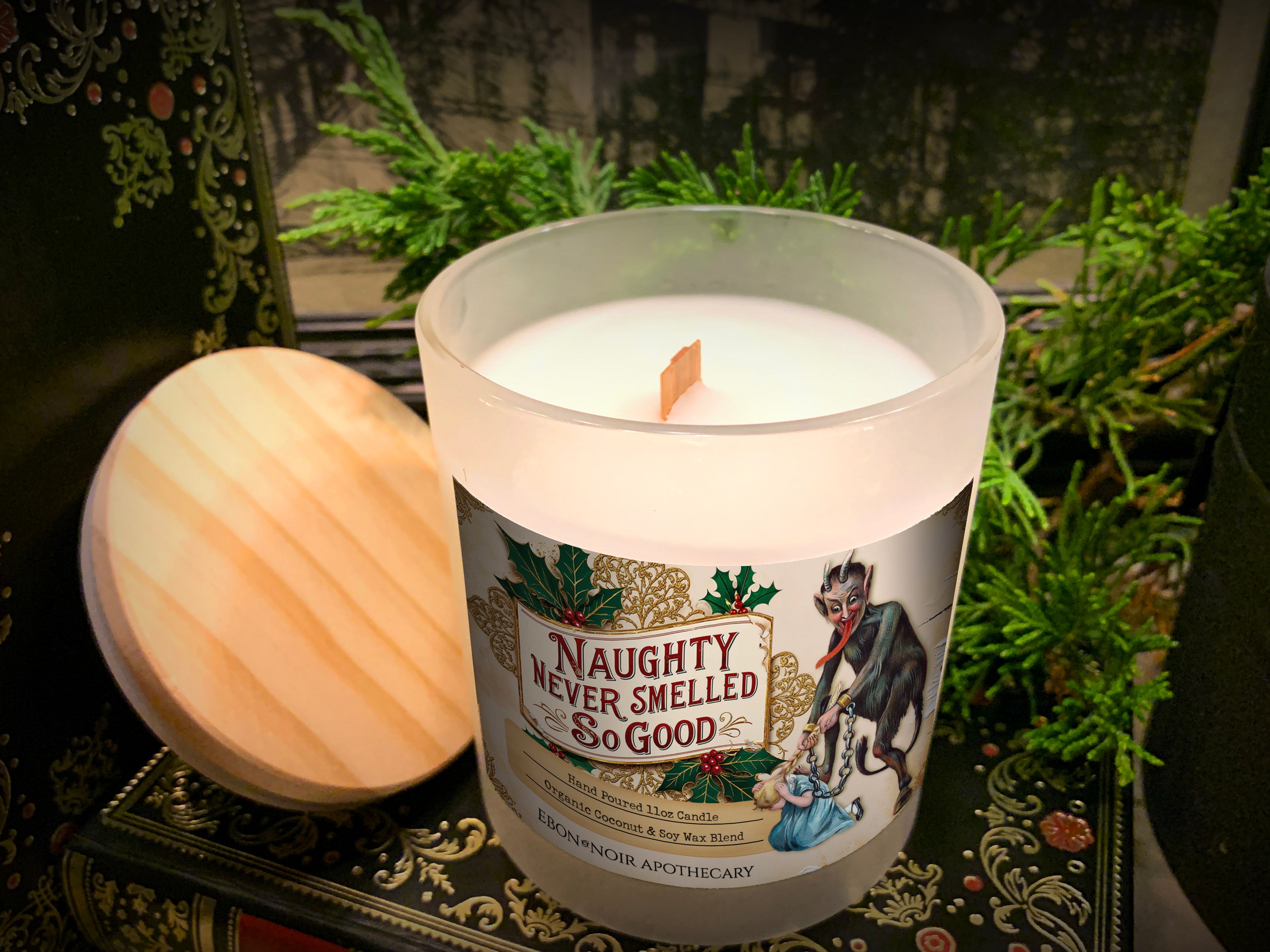 Naughty Never Smelled So Good, Krampus Christmas Candle, Frosted Glass Jar, Hand Poured Vegan Wax, Wooden Wick, 50+ Hours of Burn Time