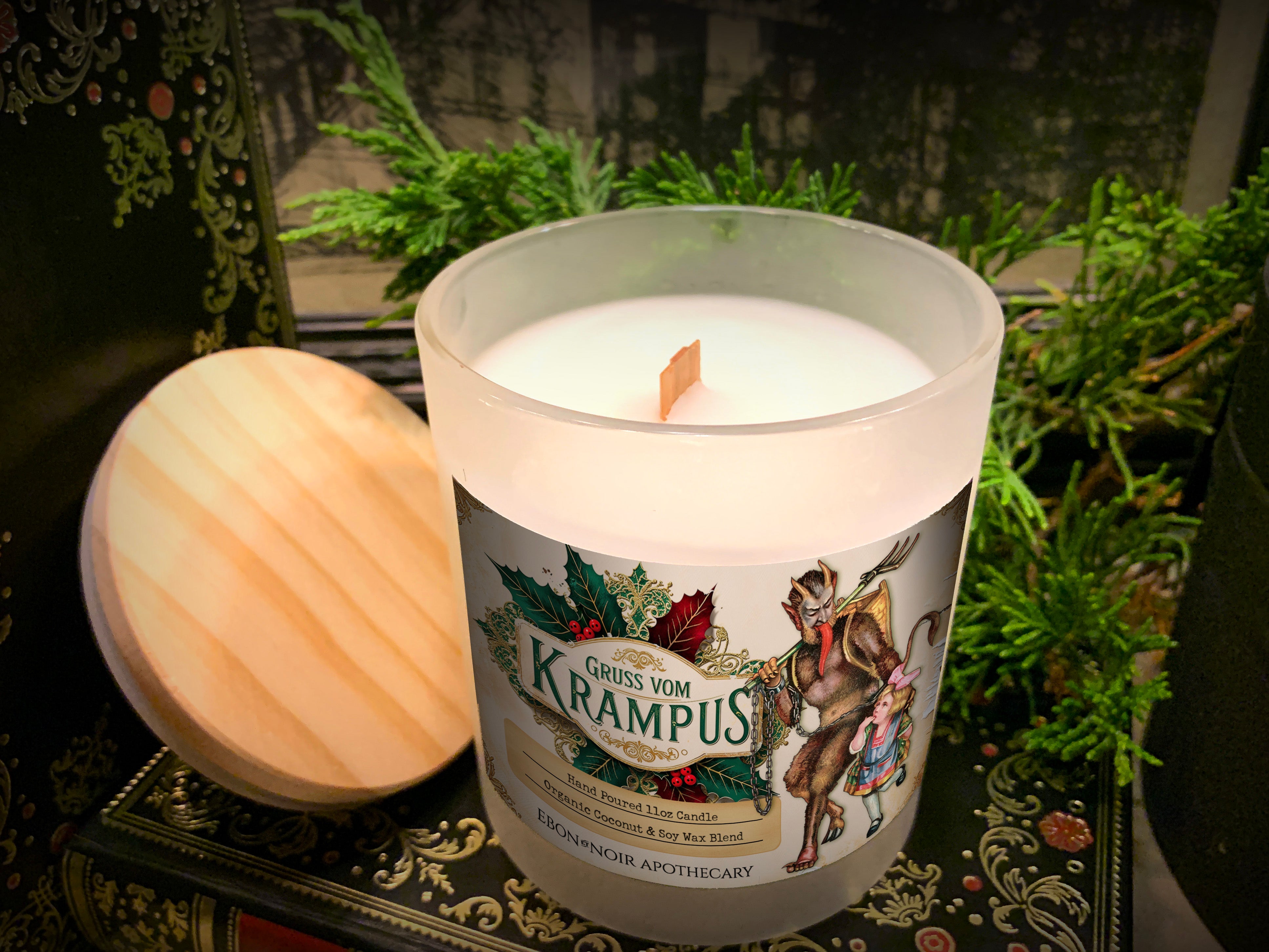 Gruss Vom Krampus Christmas Candle, Frosted Glass Jar, Hand Poured Vegan Wax, Wooden Wick, 50+ Hours of Burn Time