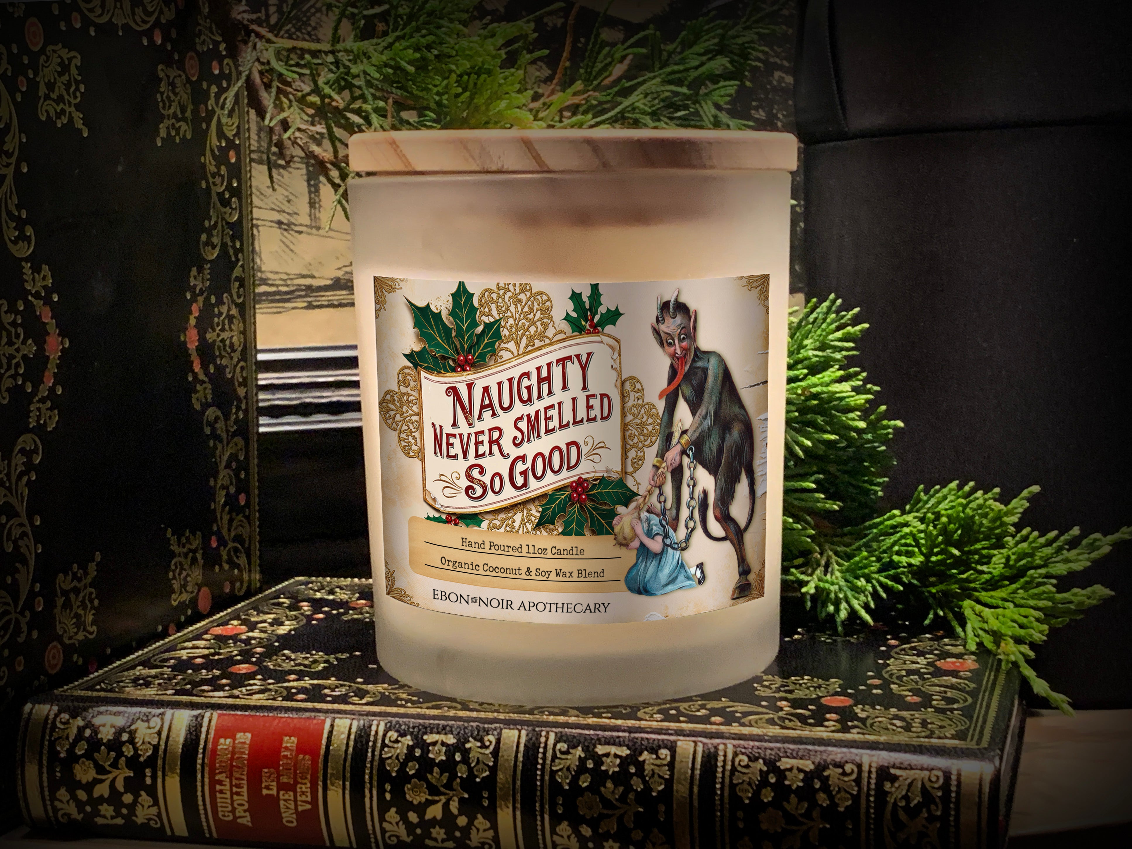 Naughty Never Smelled So Good, Krampus Christmas Candle, Frosted Glass Jar, Hand Poured Vegan Wax, Wooden Wick, 50+ Hours of Burn Time