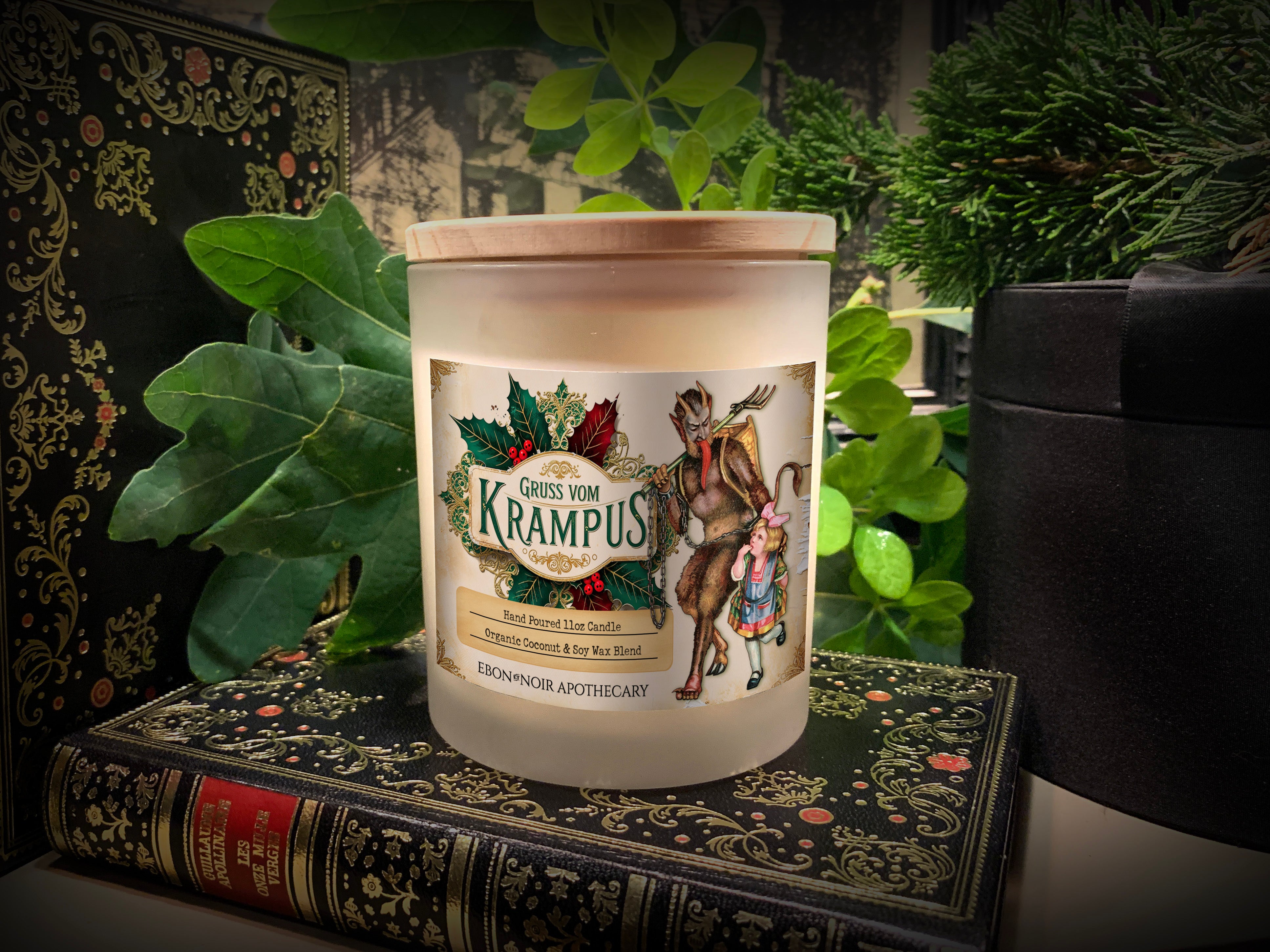 Gruss Vom Krampus Christmas Candle, Frosted Glass Jar, Hand Poured Vegan Wax, Wooden Wick, 50+ Hours of Burn Time