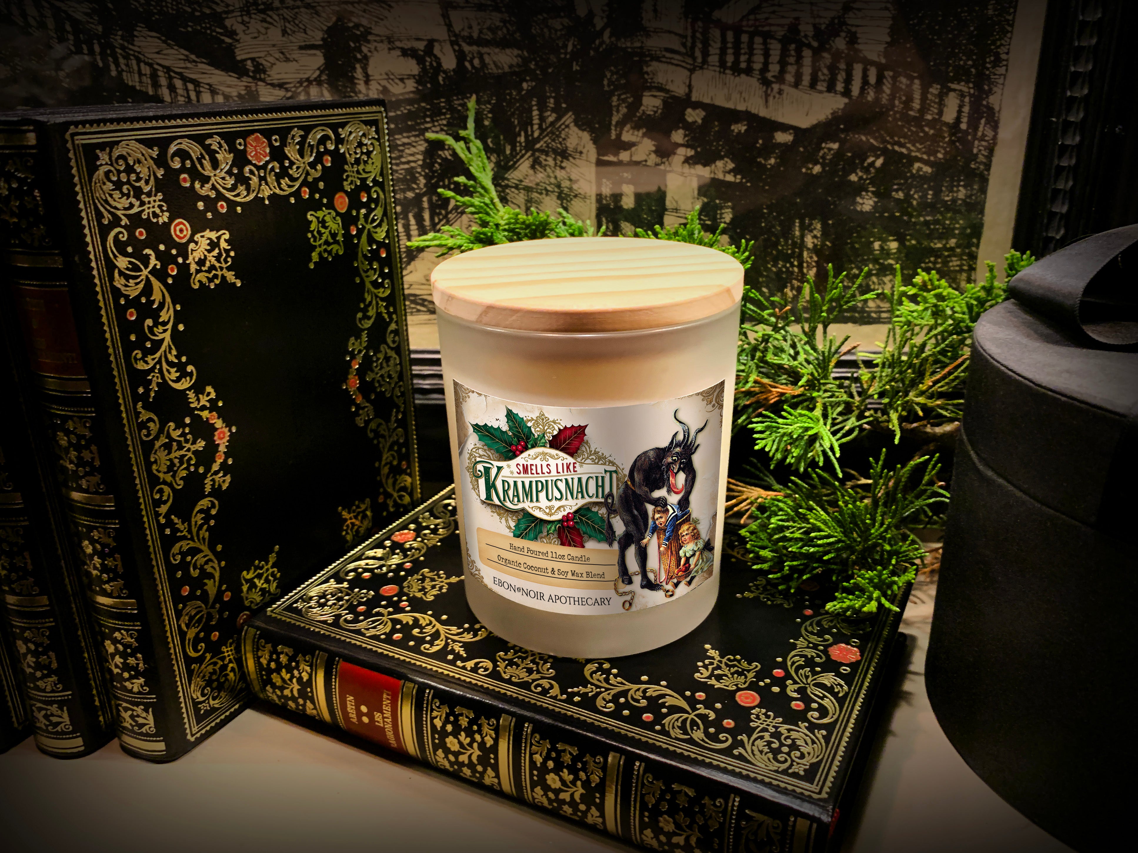 Smells Like Krampusnacht, Gruss Vom Krampus Christmas Candle, Frosted Glass Jar, Hand Poured Vegan Wax, Wooden Wick, 50+ Hours of Burn Time