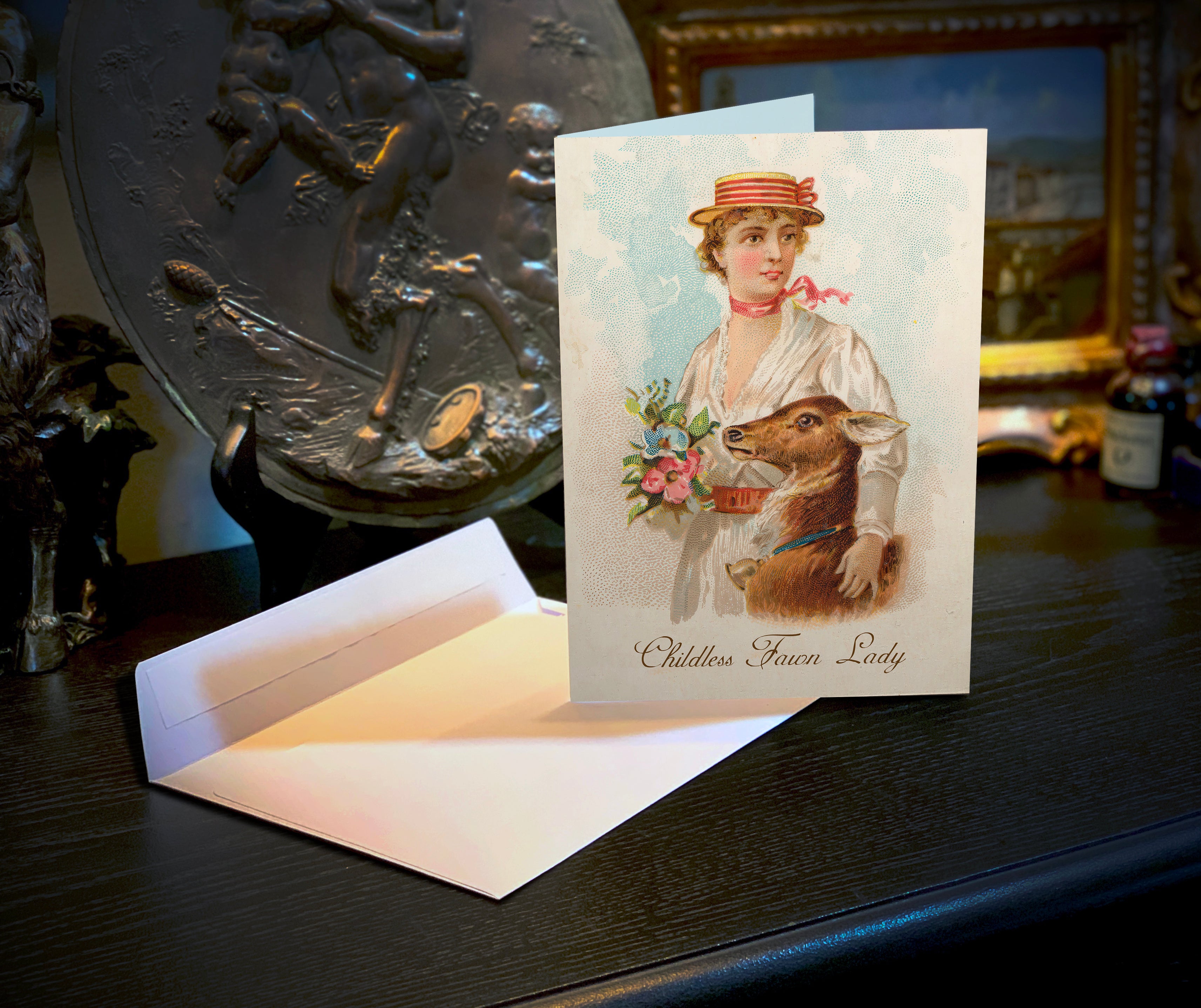 Childless Fawn Lady, Victoriana, Humorous Everyday Greeting Cards With White Envelopes, 5in x 7in