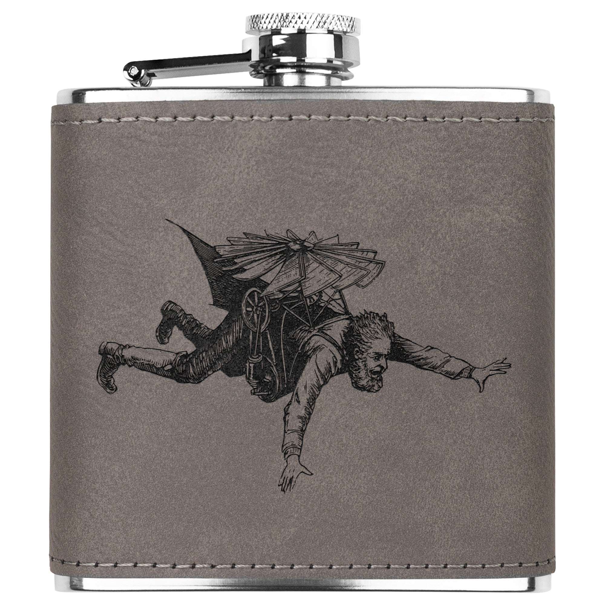 Flying Man, 6oz Leather-Wrapped Stainless Steel Flask, Available in Three Finishes