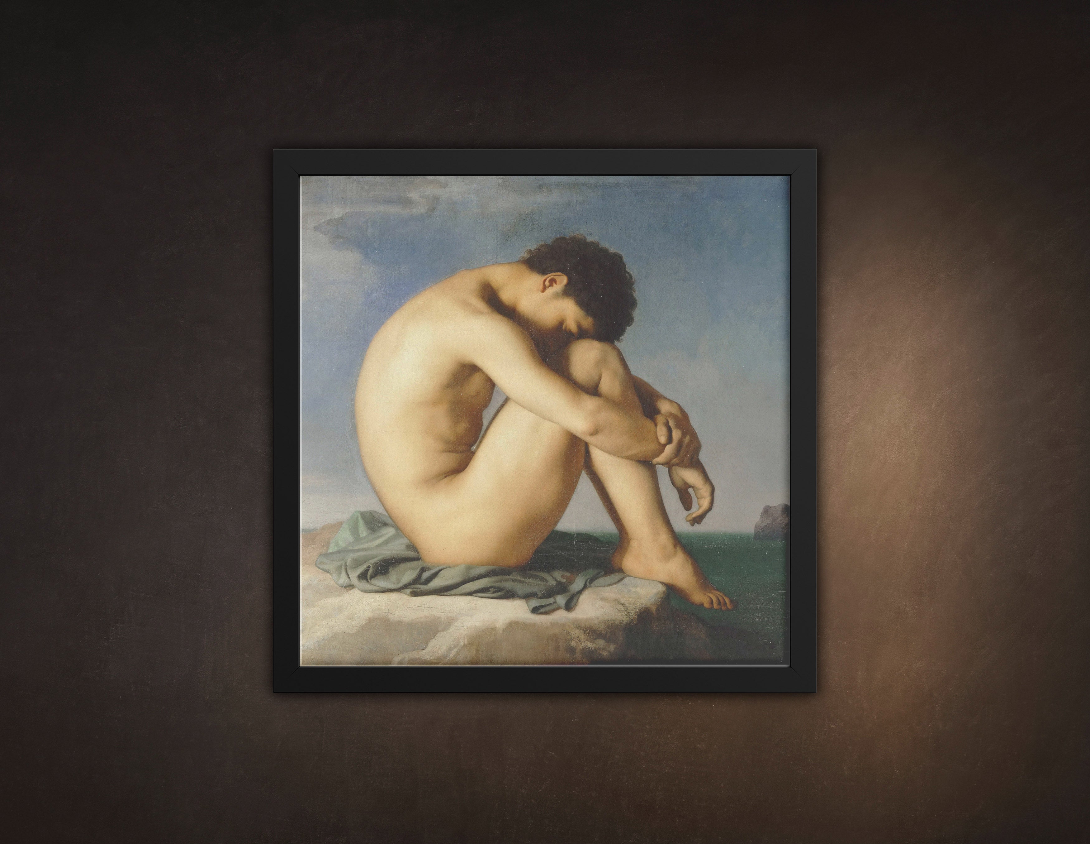 Young Male Nude Seated Beside the Sea by Hippolyte Flandrin, Framed Archival Art Print, Available in Multiple Sizes