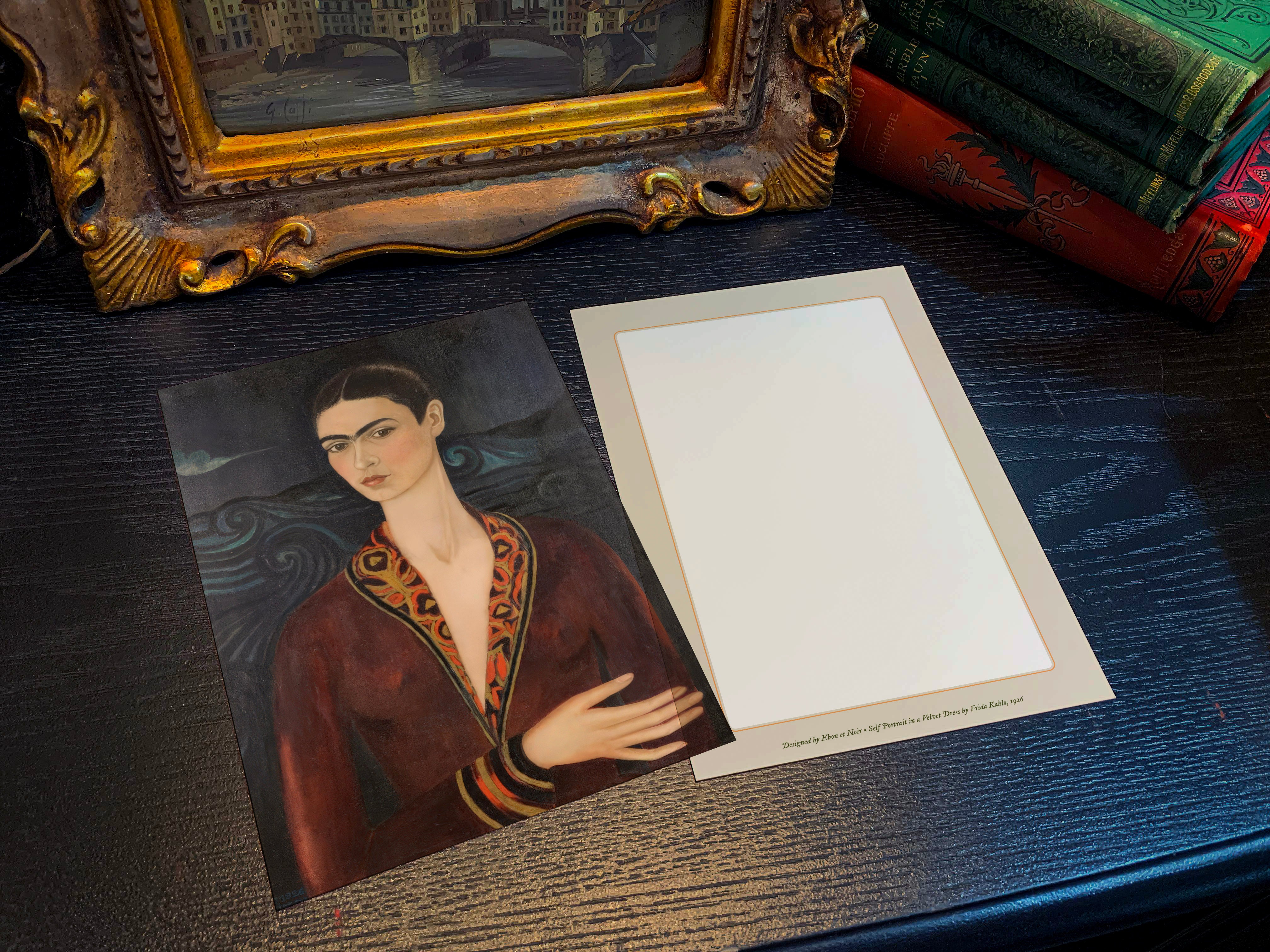 Self Portrait in a Velvet Dress by Frida Kahlo, Set of 5in x 7in Flat Notecards for Everyday Correspondence With White Envelopes