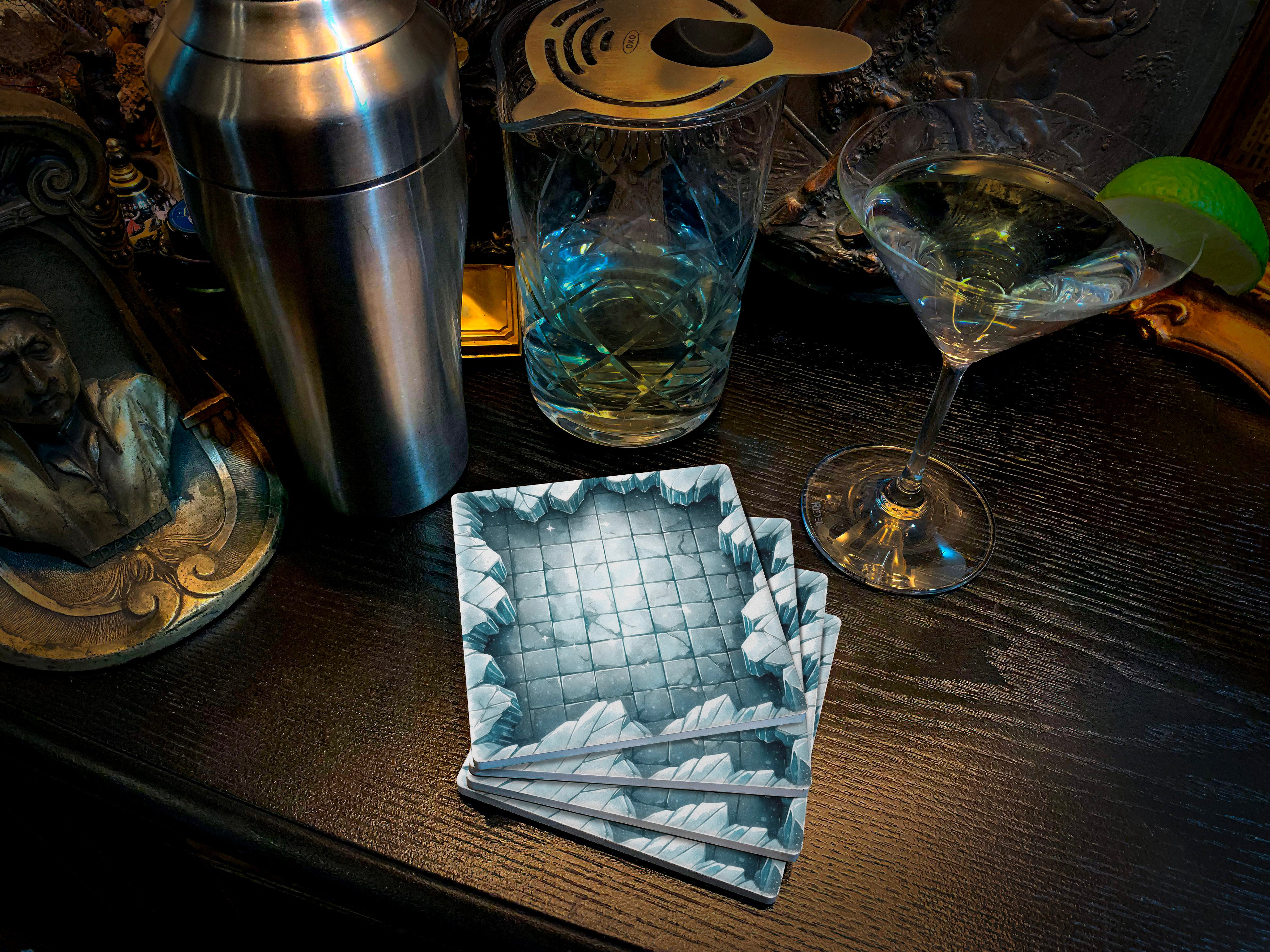 Dungeon Crawl Drink Coasters, Frostbound Expanse, Old-School RPG Tabletop Tiles Made from Soapstone with a Cork Backing, Set of 4