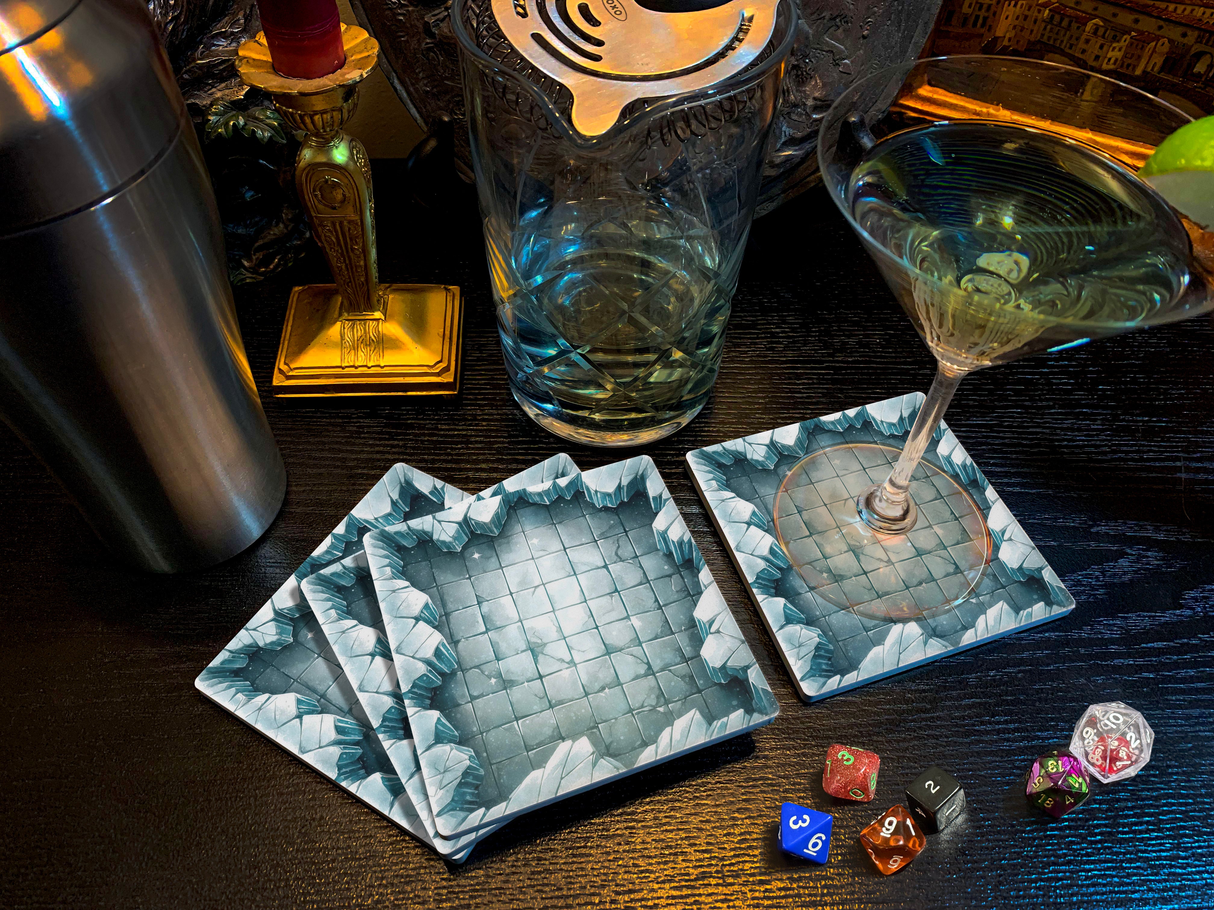 Dungeon Crawl Drink Coasters, Frostbound Expanse, Old-School RPG Tabletop Tiles Made from Soapstone with a Cork Backing, Set of 4