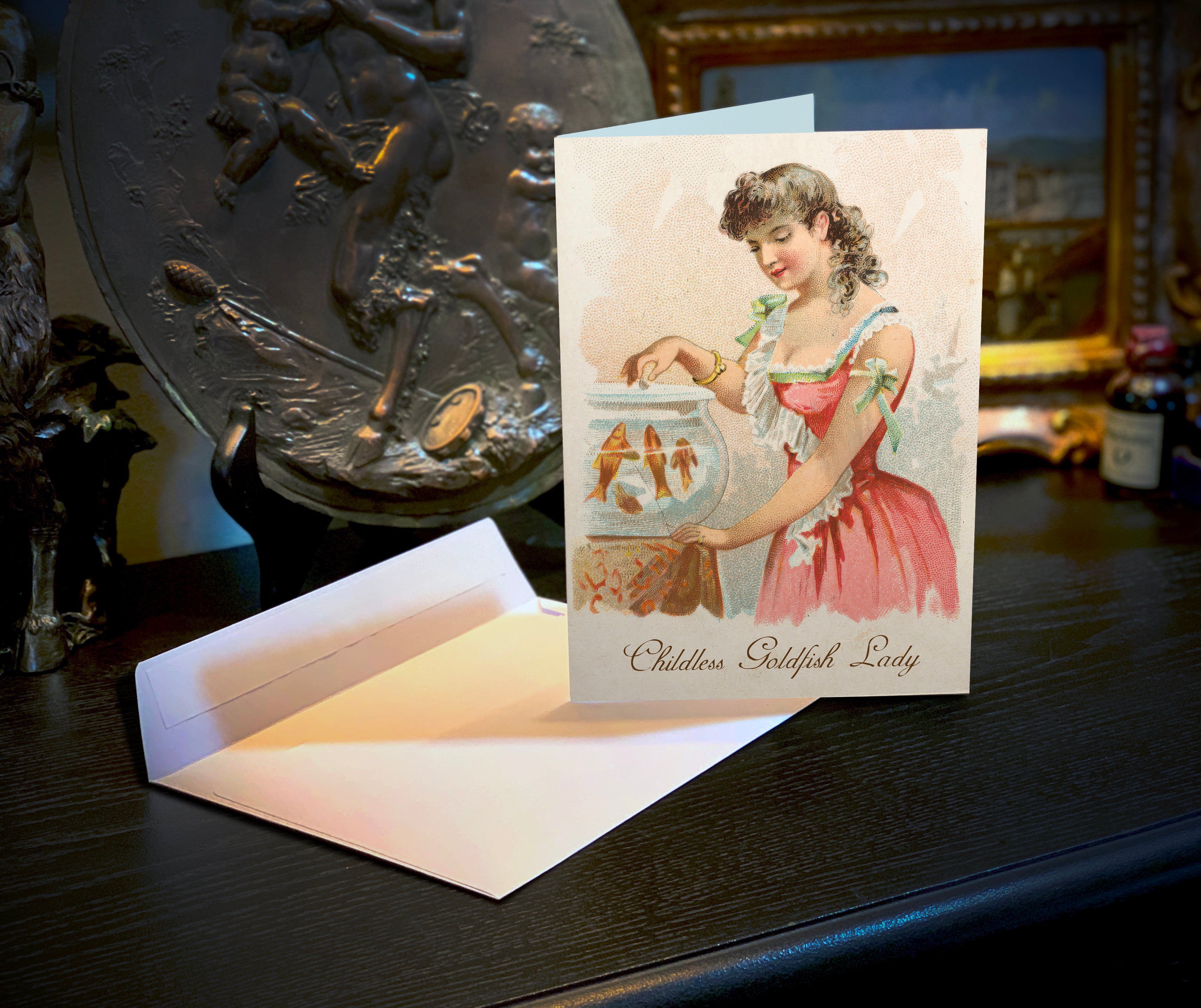 Childless Goldfish Lady, Victoriana, Humorous Everyday Greeting Cards With White Envelopes, 5in x 7in