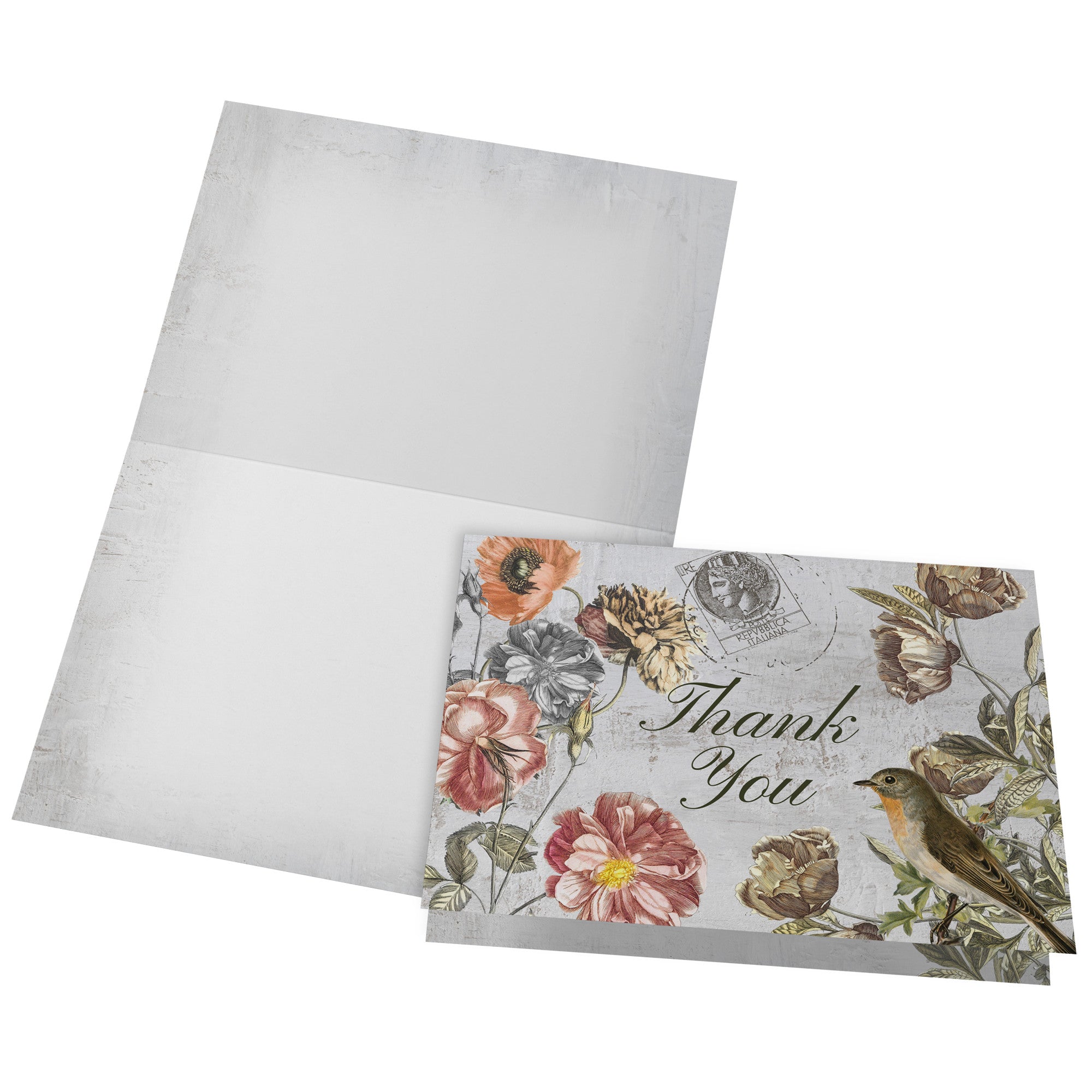 Flower and Bird, Set of Thank You Cards/Notecards, With White Envelopes, 5in x 7in