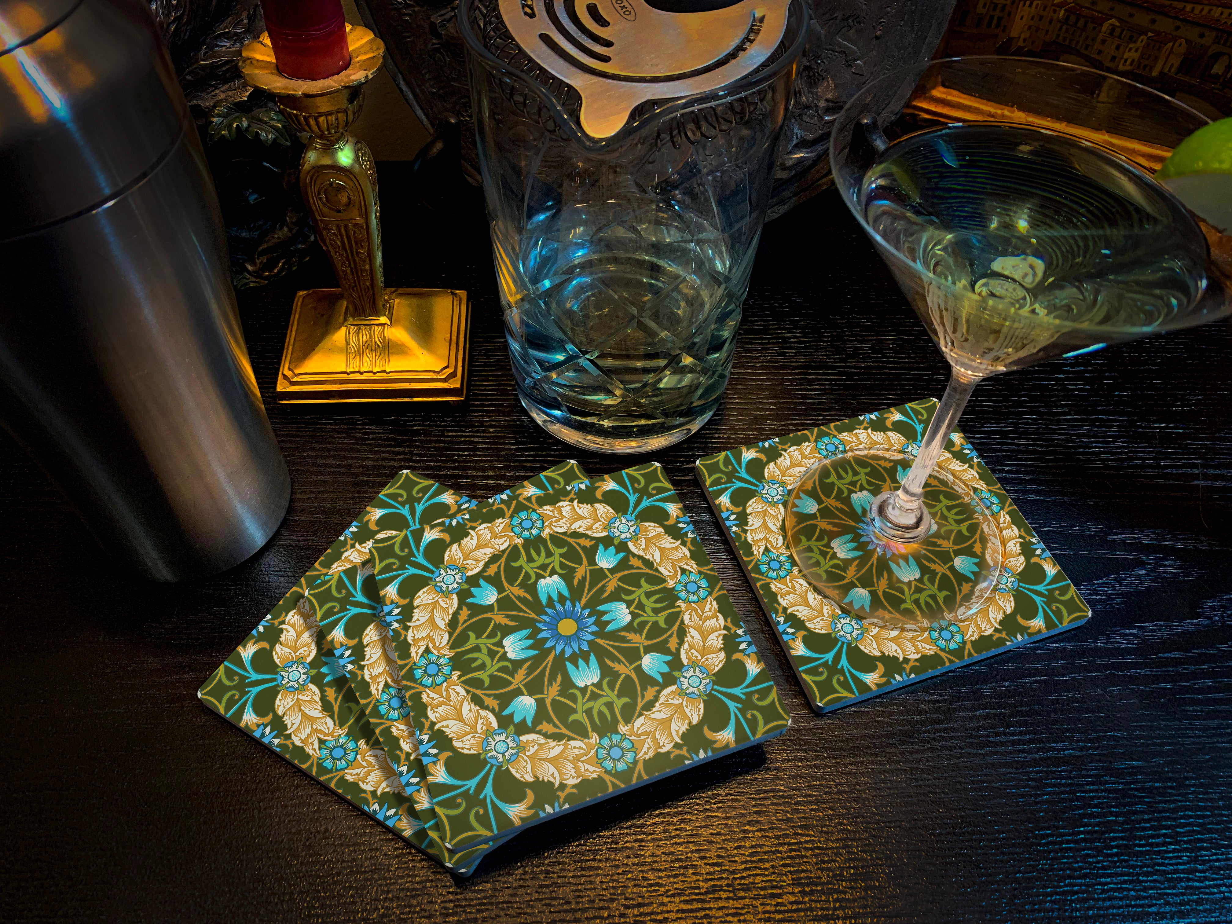 William Morris Floral Wreath, Drink Coasters, Made from Stone with a Cork Backing, Set of 4