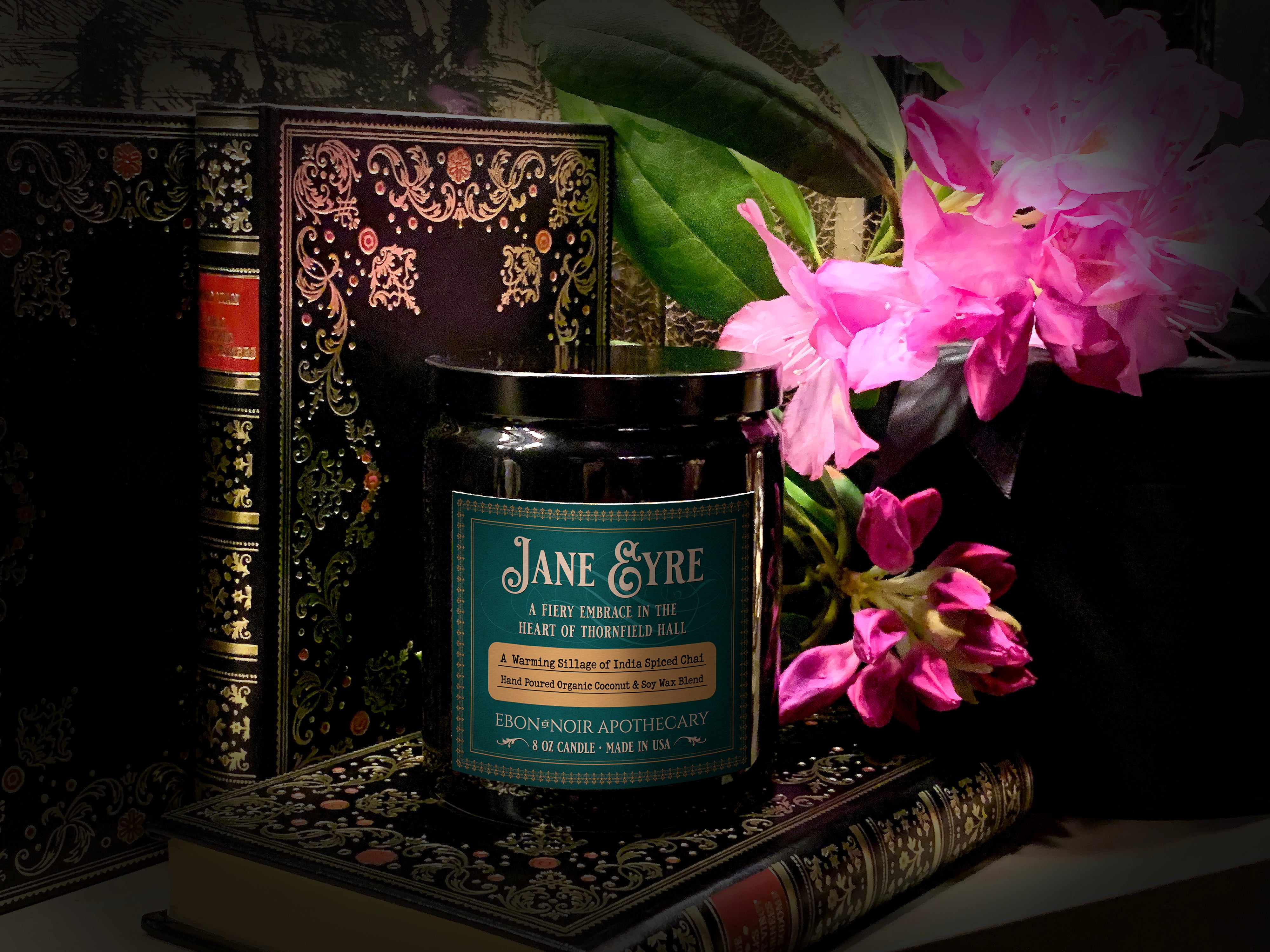 Jane Eyre, Hand-Poured Coconut Soy Wax Candle in an Elegant Black Ceramic Jar, India Spiced Chai Scent, 8oz