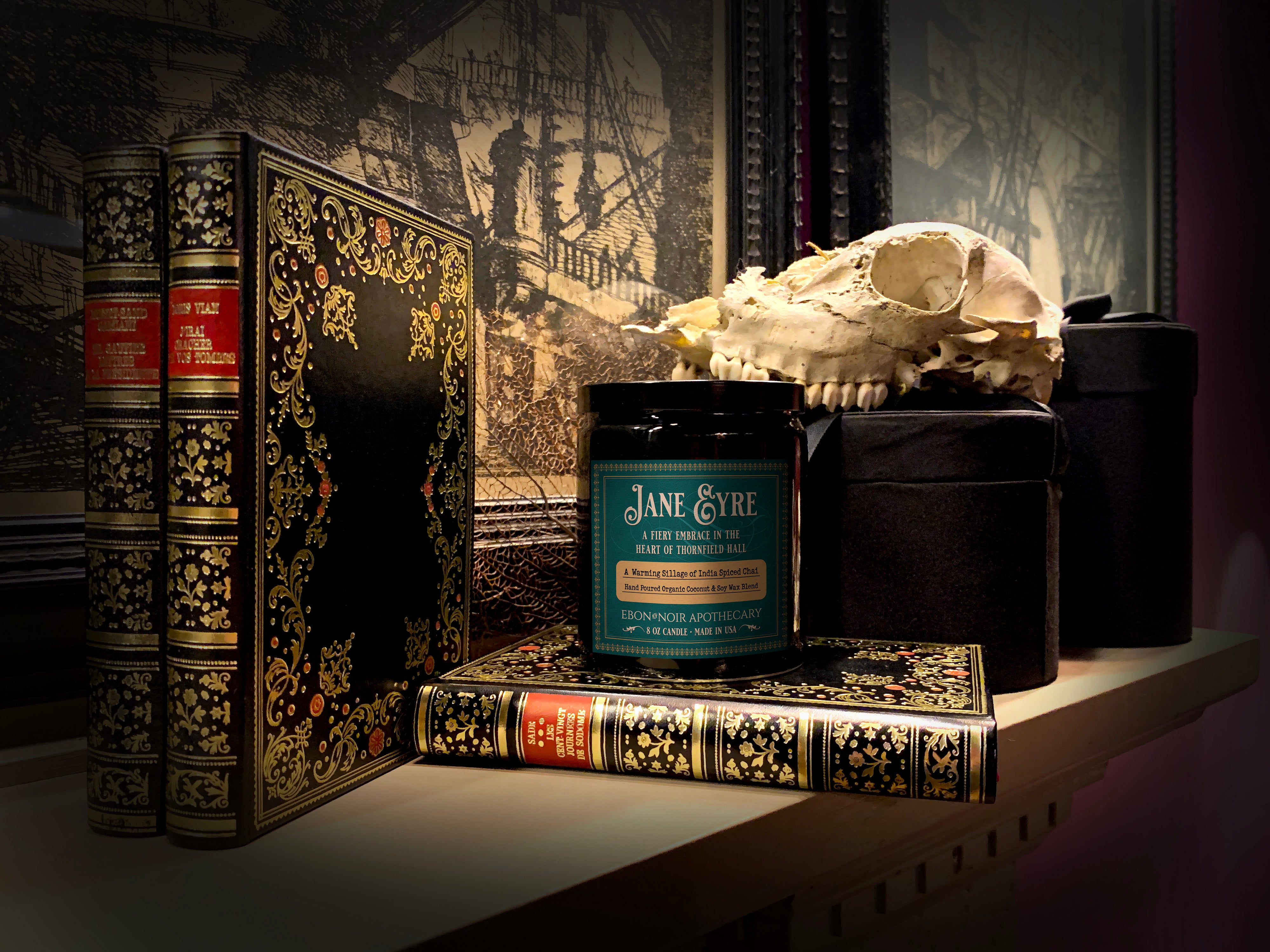 Jane Eyre, Hand-Poured Coconut Soy Wax Candle in an Elegant Black Ceramic Jar, India Spiced Chai Scent, 8oz